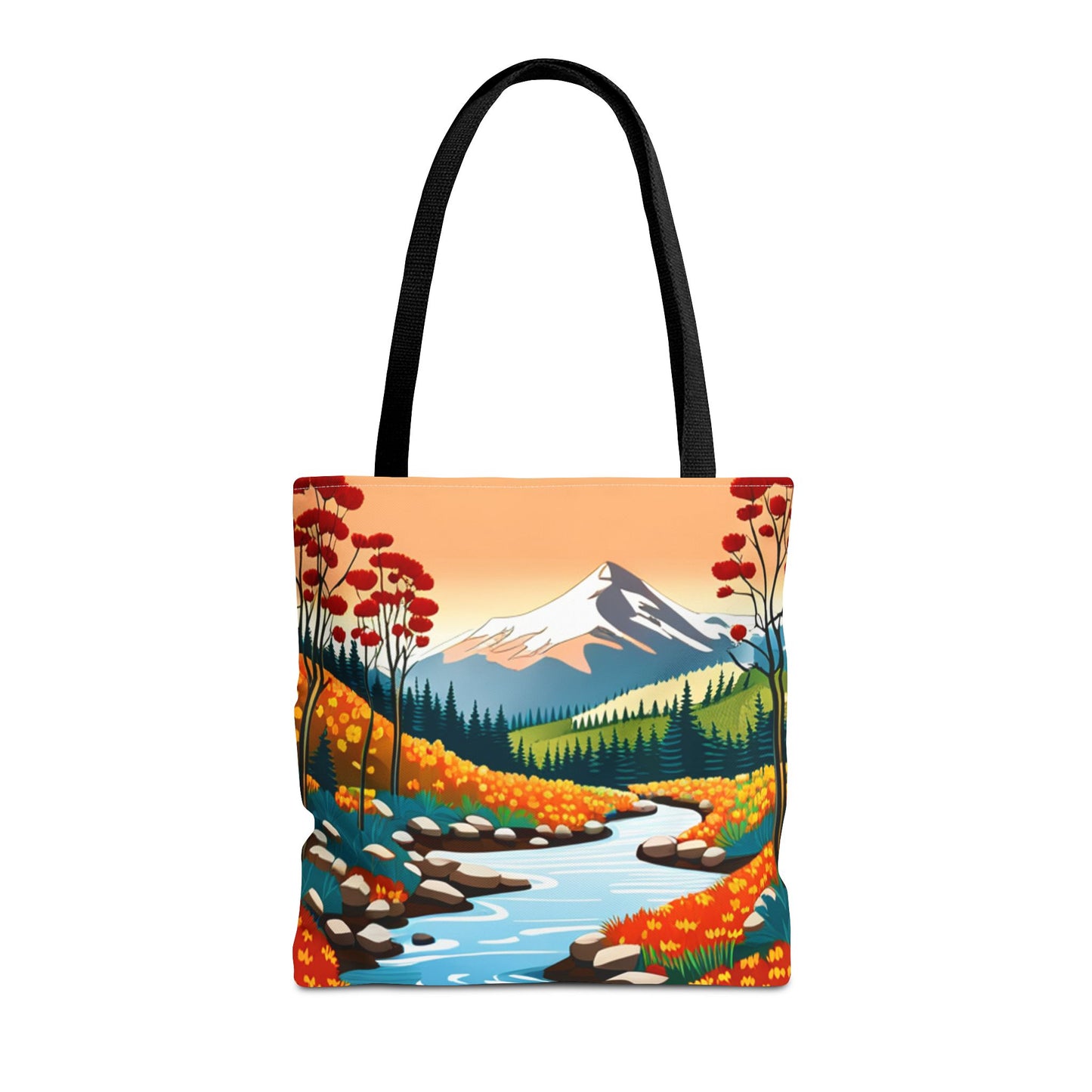 Nature Graphic Comic Style Tote Bag, Vacation Travel Shopping Shoulder Purse, Bright Colors Floral Mountain Road Beach Canvas Handbag