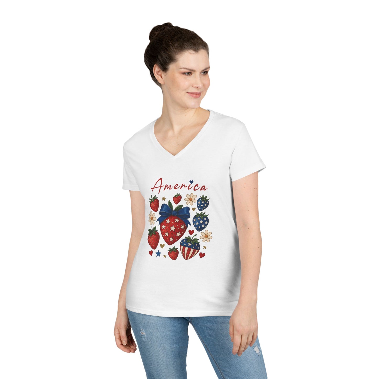 America Festival V-Neck Tee, Patriotic Strawberries Stars Stripes Cute Cheerful, Summer Fun Shirt, Ladies Patriotic T-Shirt, 4th of July Top