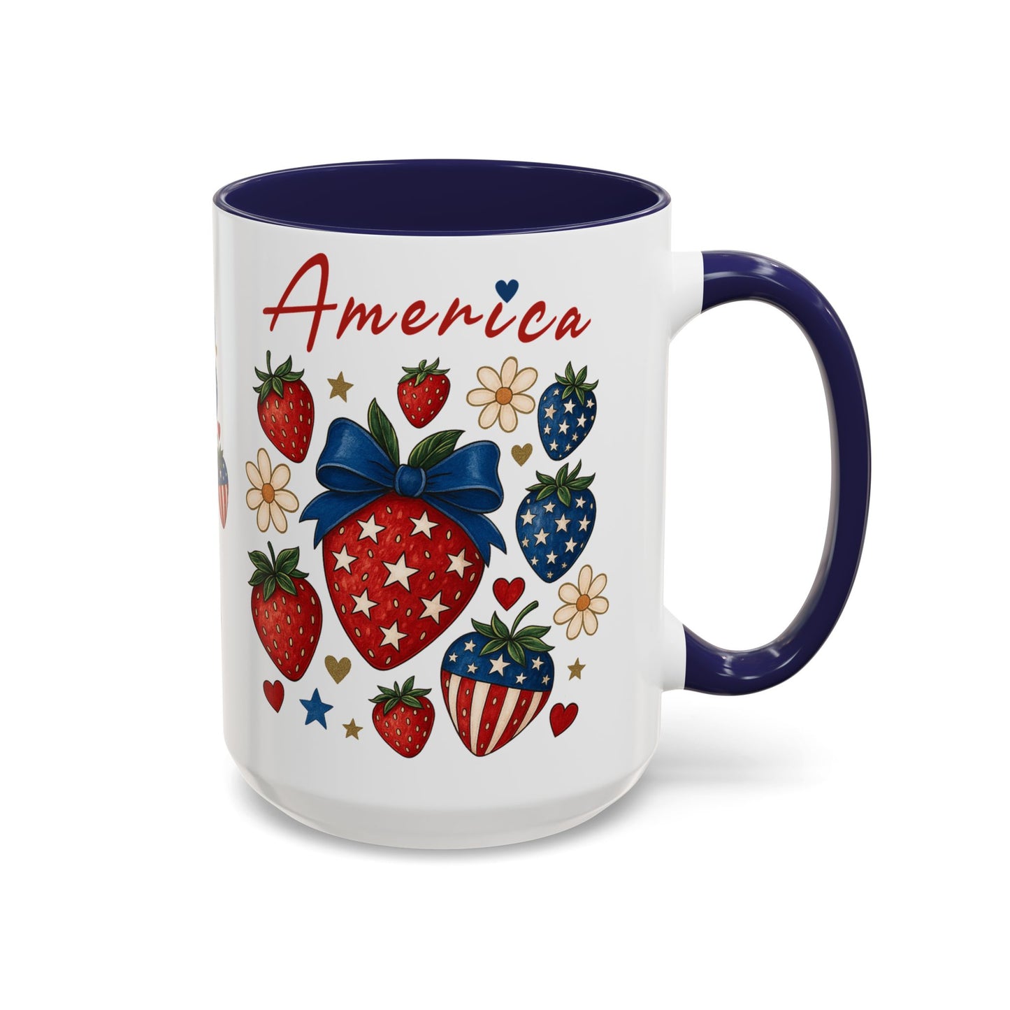 Patriotic Strawberry Coffee Mug, 4th of July Gift, Americana Mug, Summer Morning Coffee, Cute Tea Cup, Floral Design