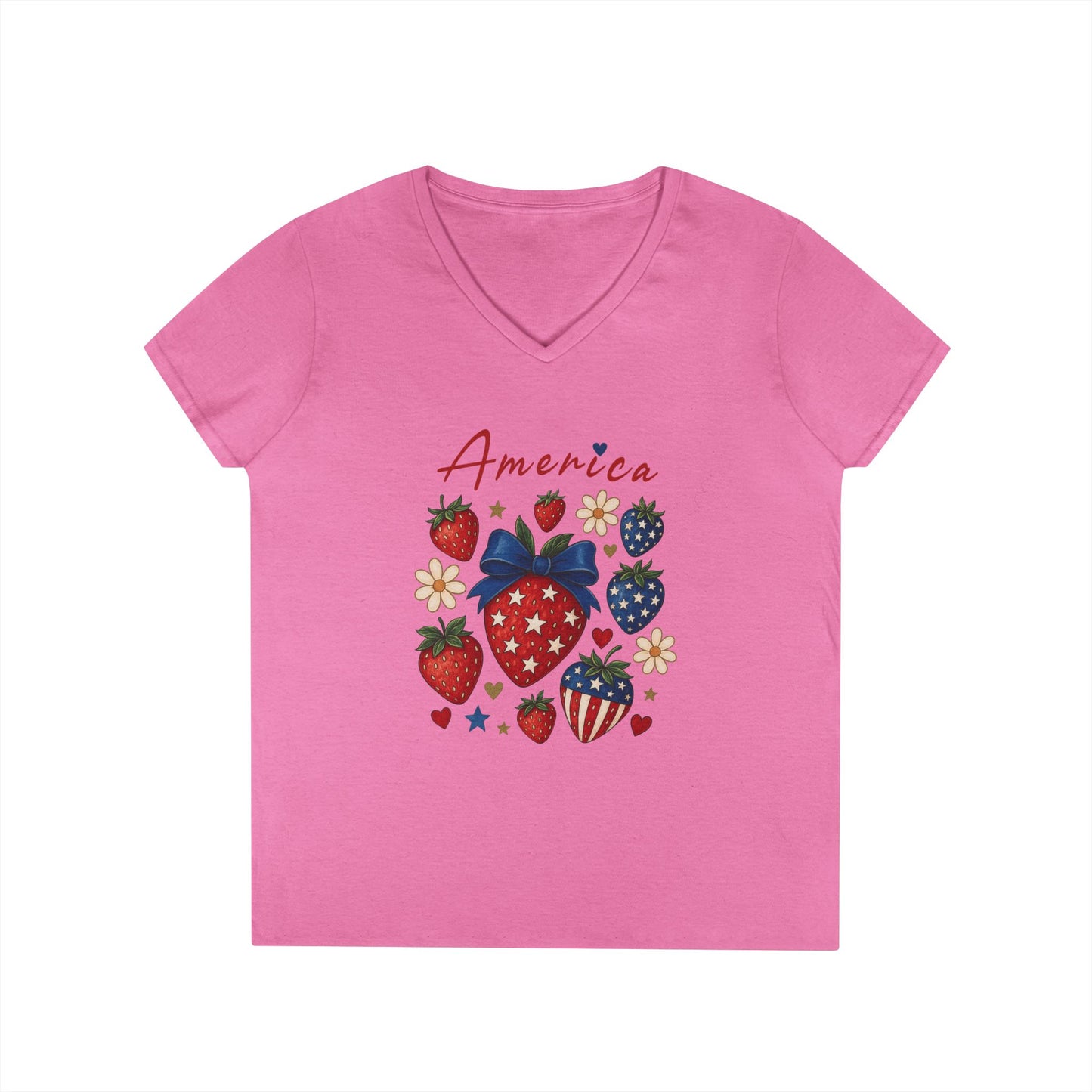 America Festival V-Neck Tee, Patriotic Strawberries Stars Stripes Cute Cheerful, Summer Fun Shirt, Ladies Patriotic T-Shirt, 4th of July Top
