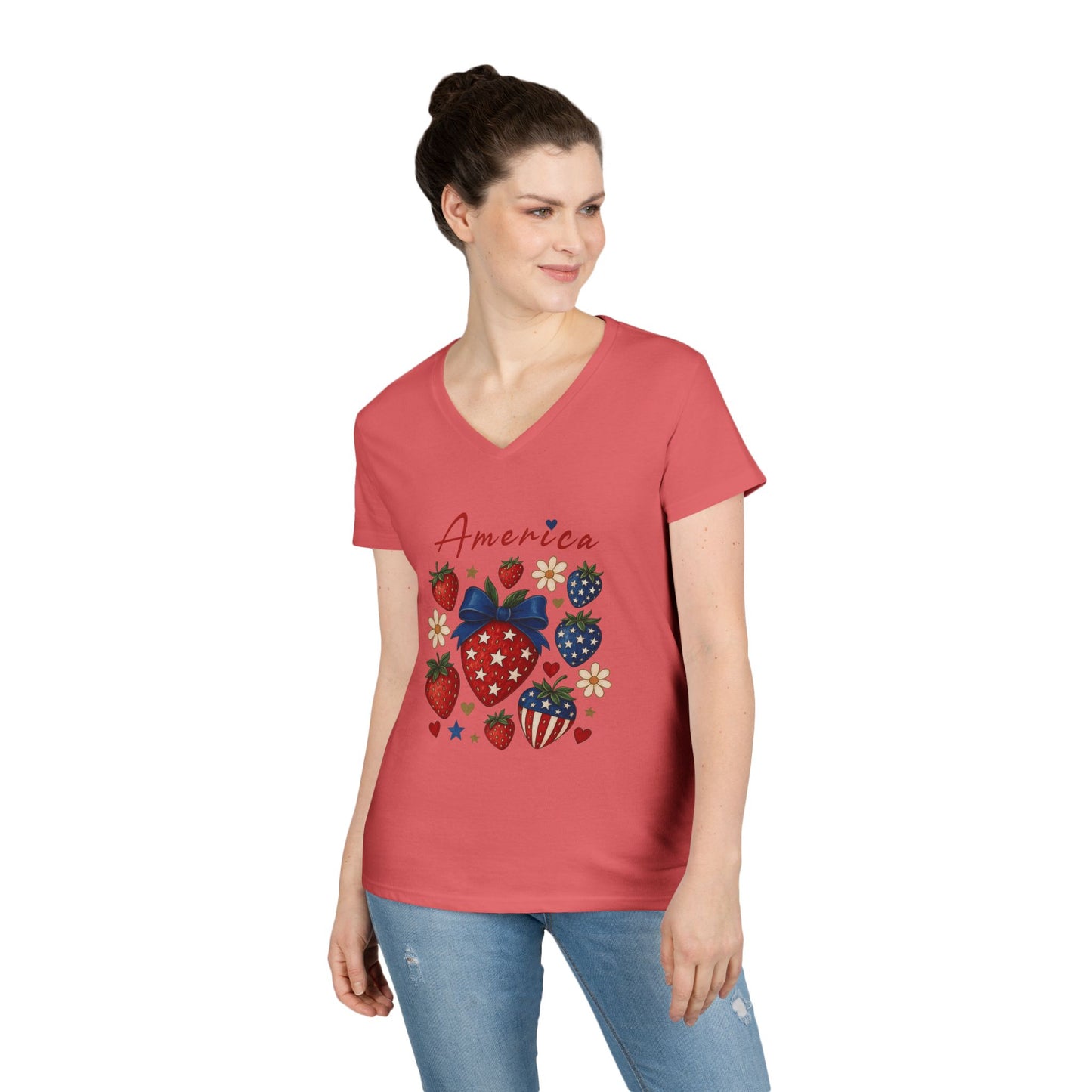 America Festival V-Neck Tee, Patriotic Strawberries Stars Stripes Cute Cheerful, Summer Fun Shirt, Ladies Patriotic T-Shirt, 4th of July Top