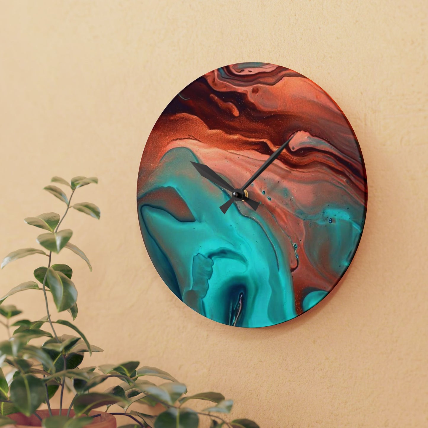 Southwestern Style, Abstract Acrylic Wall Clock, Turquoise and Copper colors, unique Original wall Clock, 10 inch
