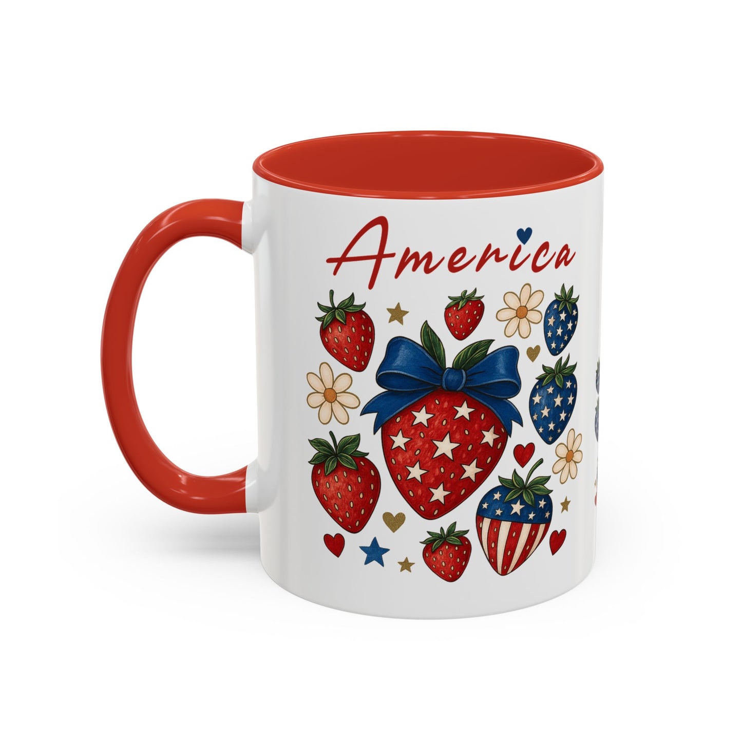 Patriotic Strawberry Coffee Mug, 4th of July Gift, Americana Mug, Summer Morning Coffee, Cute Tea Cup, Floral Design