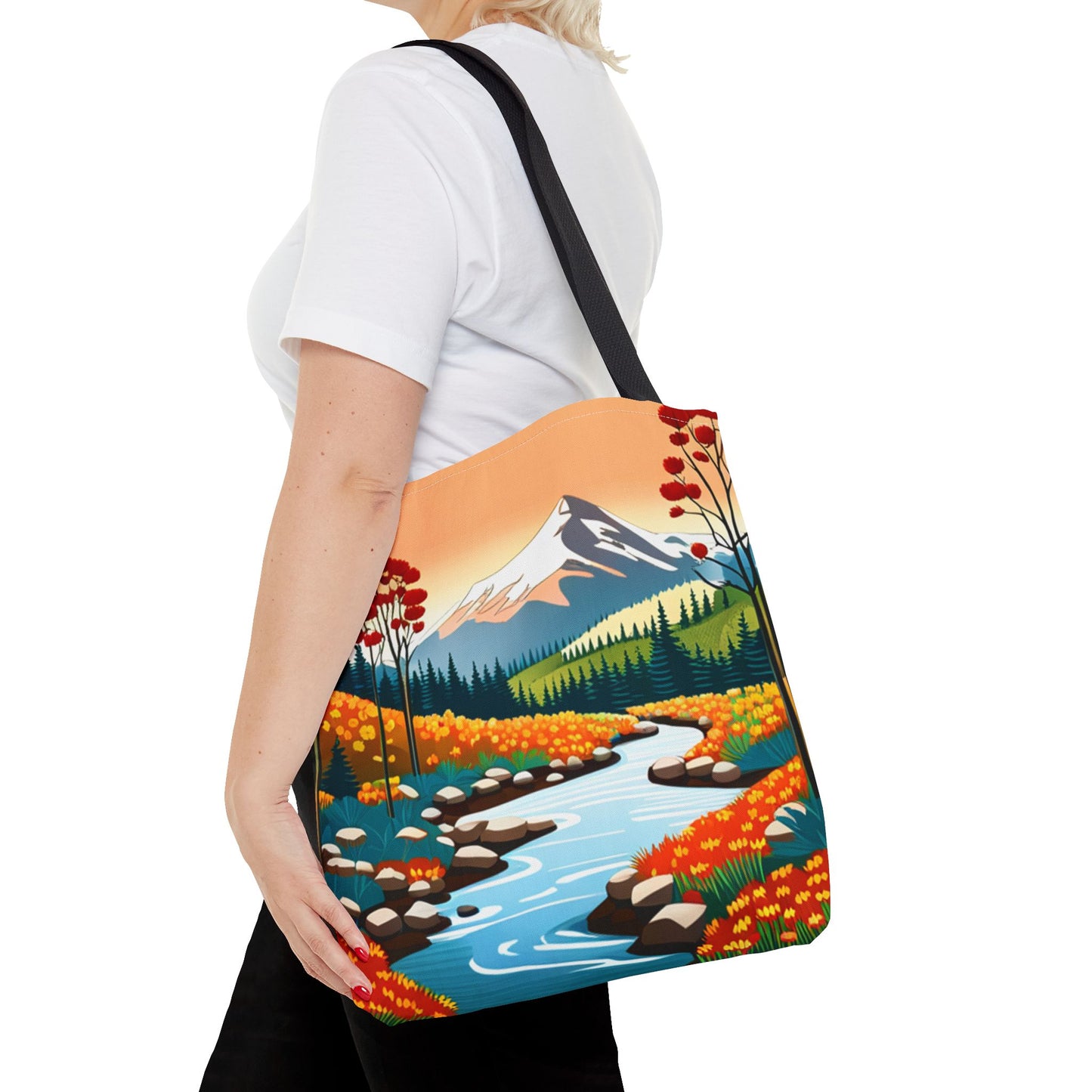 Nature Graphic Comic Style Tote Bag, Vacation Travel Shopping Shoulder Purse, Bright Colors Floral Mountain Road Beach Canvas Handbag
