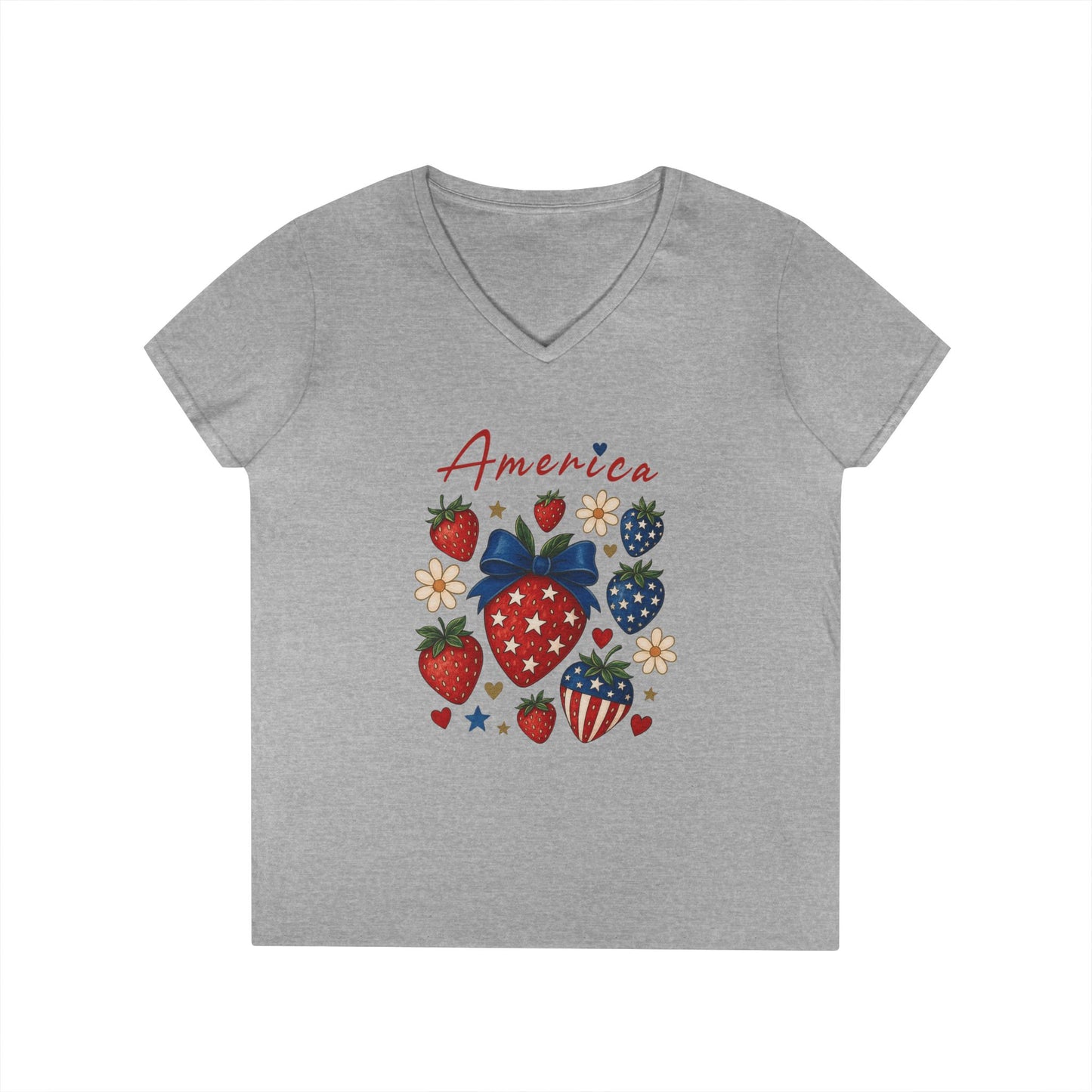 America Festival V-Neck Tee, Patriotic Strawberries Stars Stripes Cute Cheerful, Summer Fun Shirt, Ladies Patriotic T-Shirt, 4th of July Top