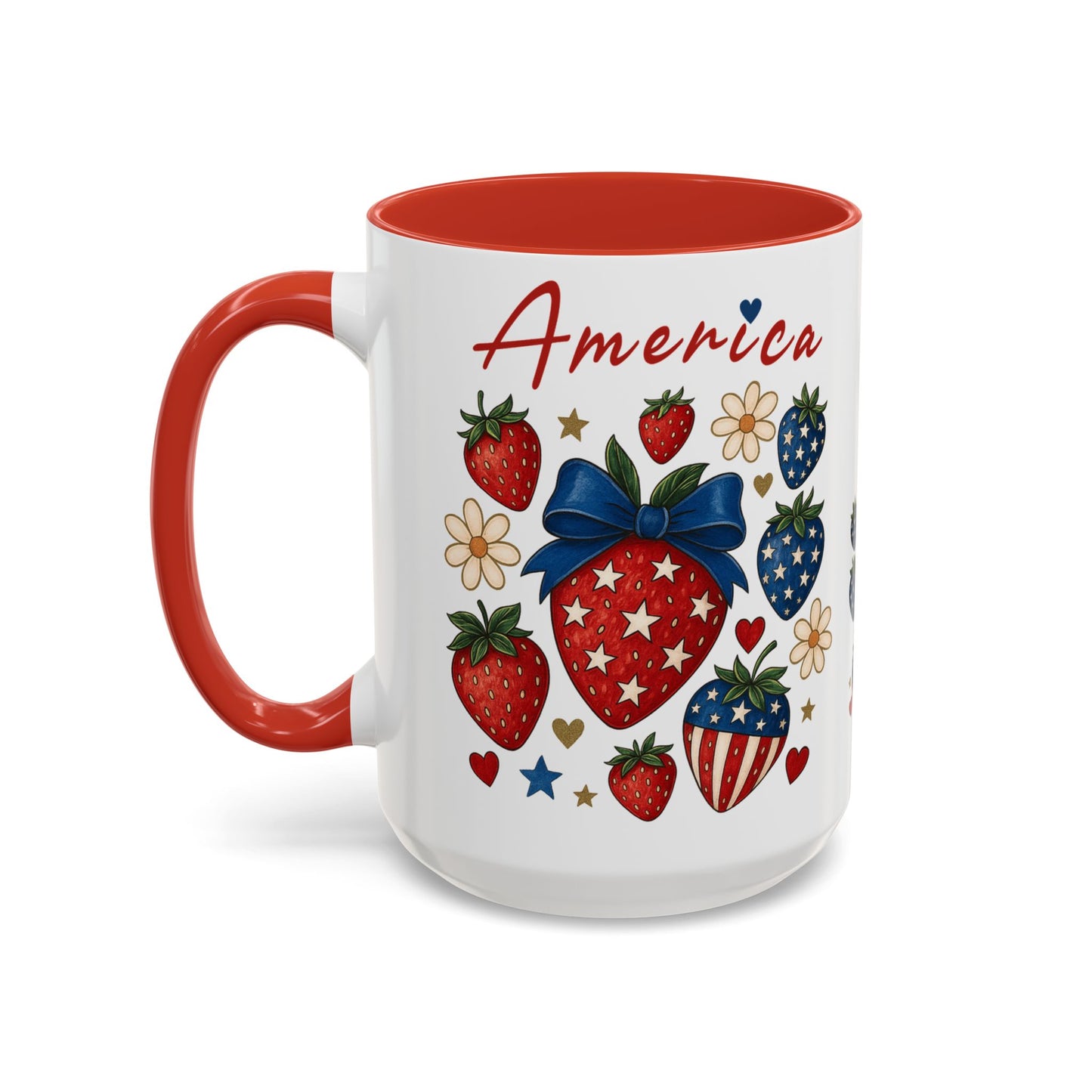 Patriotic Strawberry Coffee Mug, 4th of July Gift, Americana Mug, Summer Morning Coffee, Cute Tea Cup, Floral Design