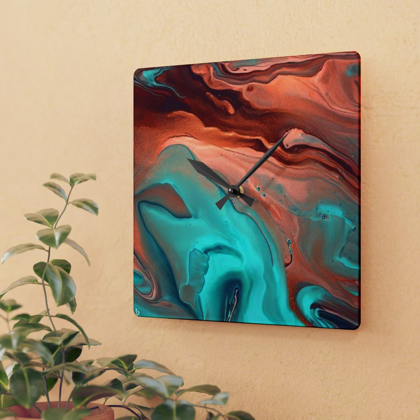 Southwestern Style, Abstract Acrylic Wall Clock, Turquoise and Copper colors, unique Original wall Clock, 10 inch