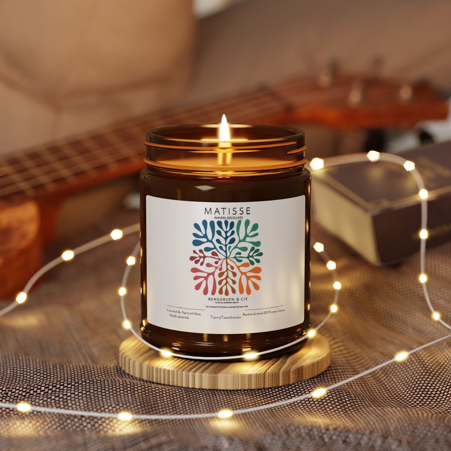Soy Candle, Artistic Matisse Abstract Design, Amber Glass, Hand-Poured, Home Decor, Gift Idea
