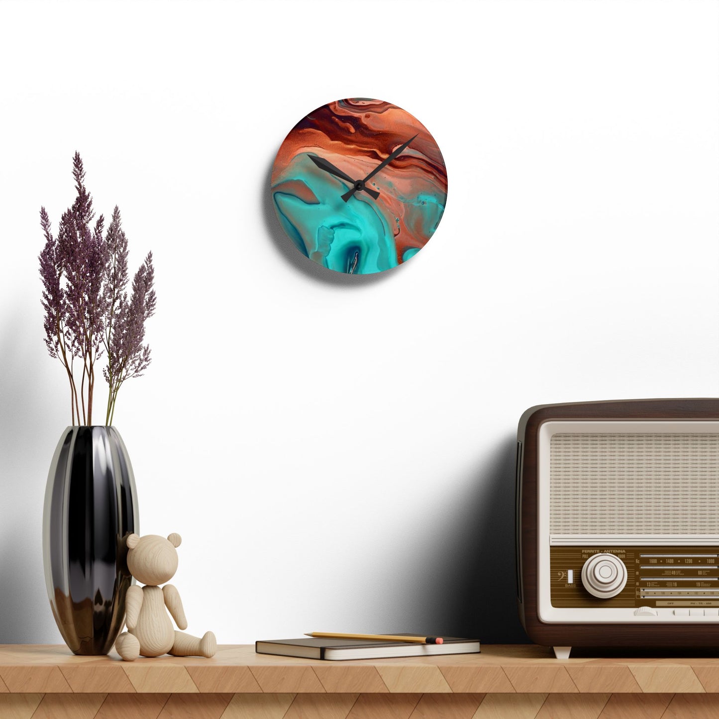 Southwestern Style, Abstract Acrylic Wall Clock, Turquoise and Copper colors, unique Original wall Clock, 10 inch