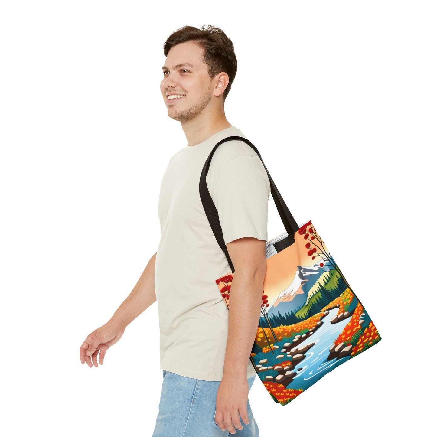 Nature Graphic Comic Style Tote Bag, Vacation Travel Shopping Shoulder Purse, Bright Colors Floral Mountain Road Beach Canvas Handbag