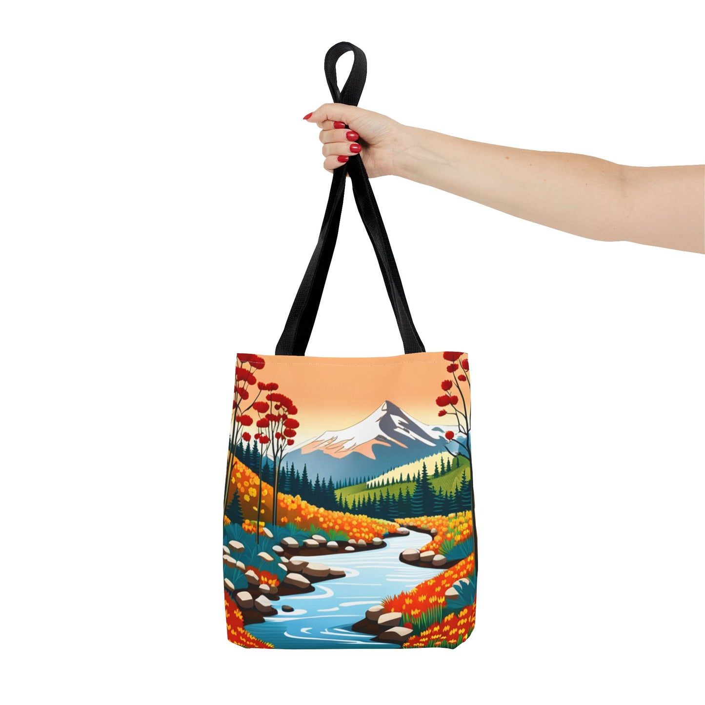 Nature Graphic Comic Style Tote Bag, Vacation Travel Shopping Shoulder Purse, Bright Colors Floral Mountain Road Beach Canvas Handbag