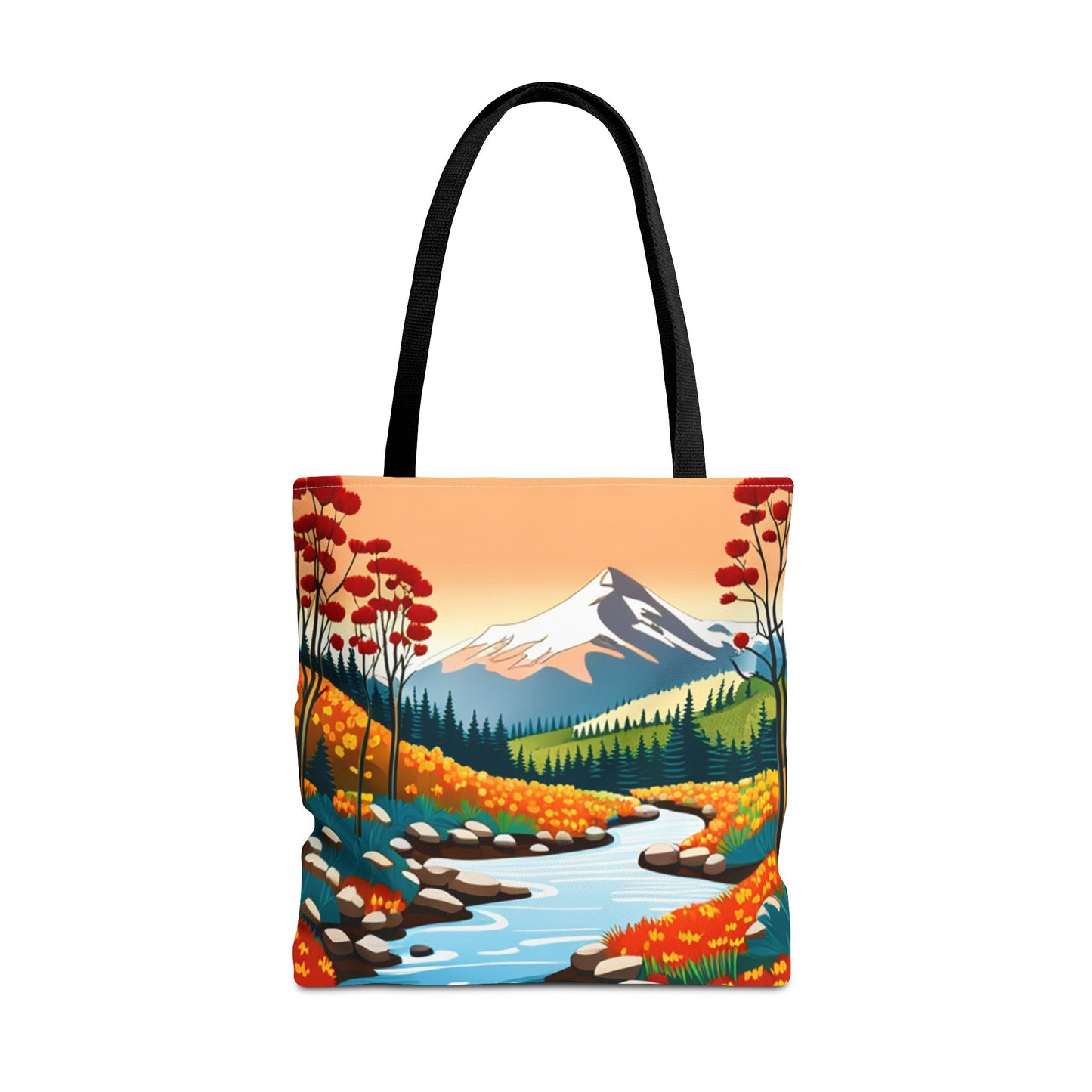 Nature Graphic Comic Style Tote Bag, Vacation Travel Shopping Shoulder Purse, Bright Colors Floral Mountain Road Beach Canvas Handbag