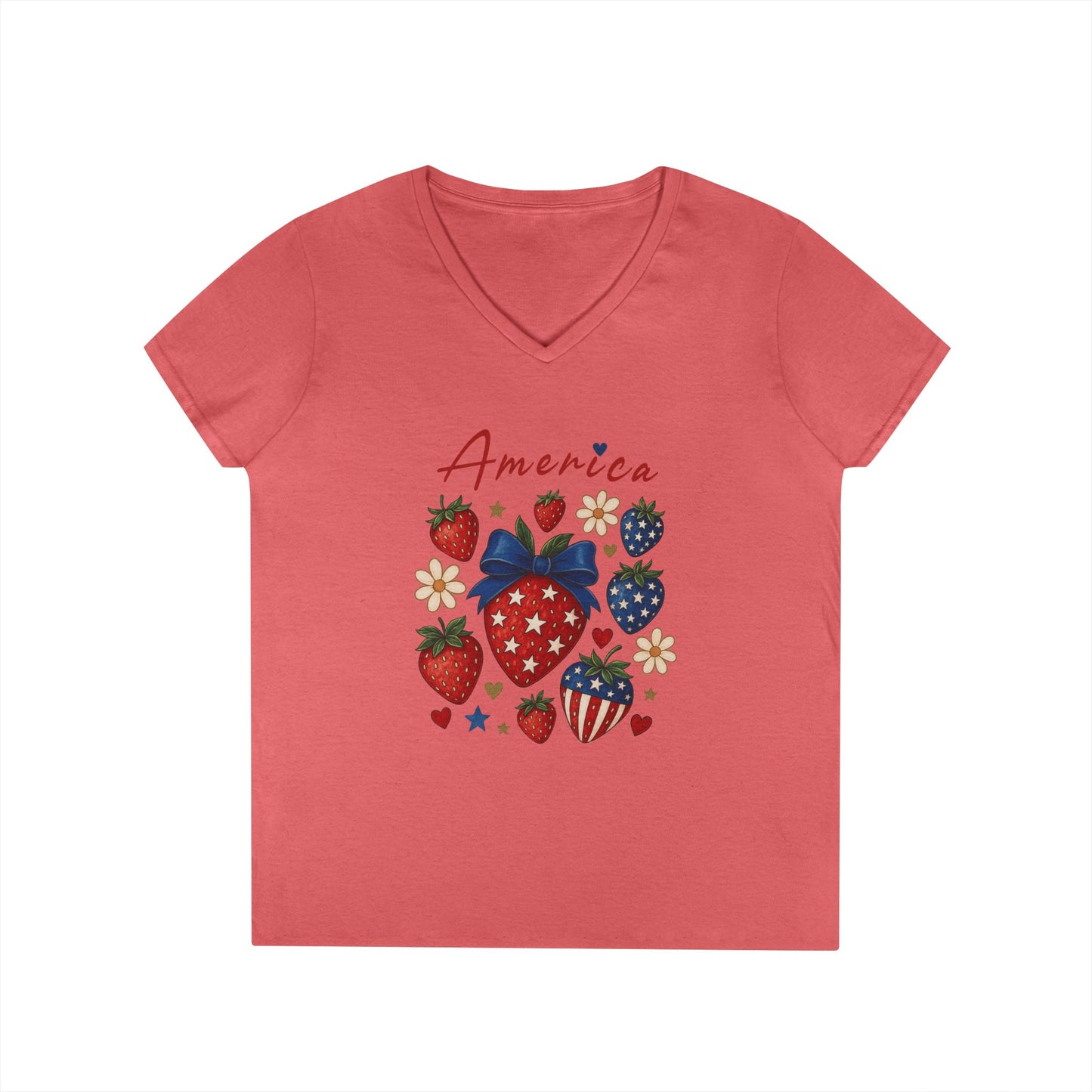 America Festival V-Neck Tee, Patriotic Strawberries Stars Stripes Cute Cheerful, Summer Fun Shirt, Ladies Patriotic T-Shirt, 4th of July Top