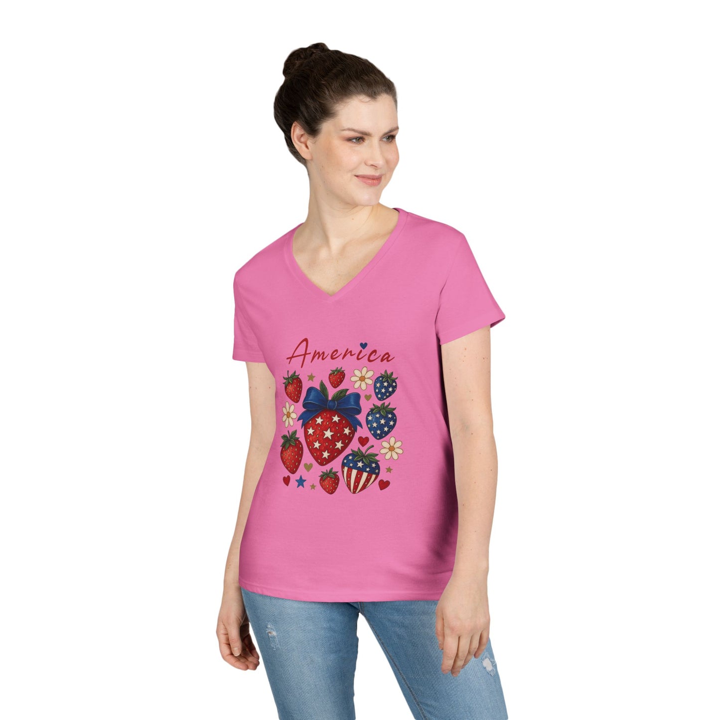 America Festival V-Neck Tee, Patriotic Strawberries Stars Stripes Cute Cheerful, Summer Fun Shirt, Ladies Patriotic T-Shirt, 4th of July Top