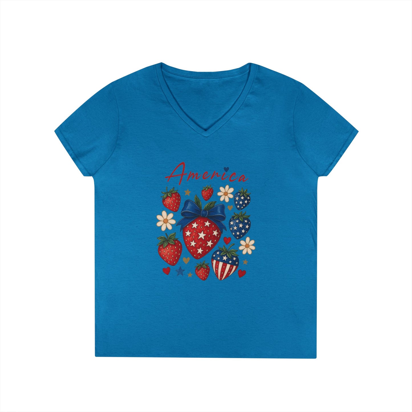 America Festival V-Neck Tee, Patriotic Strawberries Stars Stripes Cute Cheerful, Summer Fun Shirt, Ladies Patriotic T-Shirt, 4th of July Top