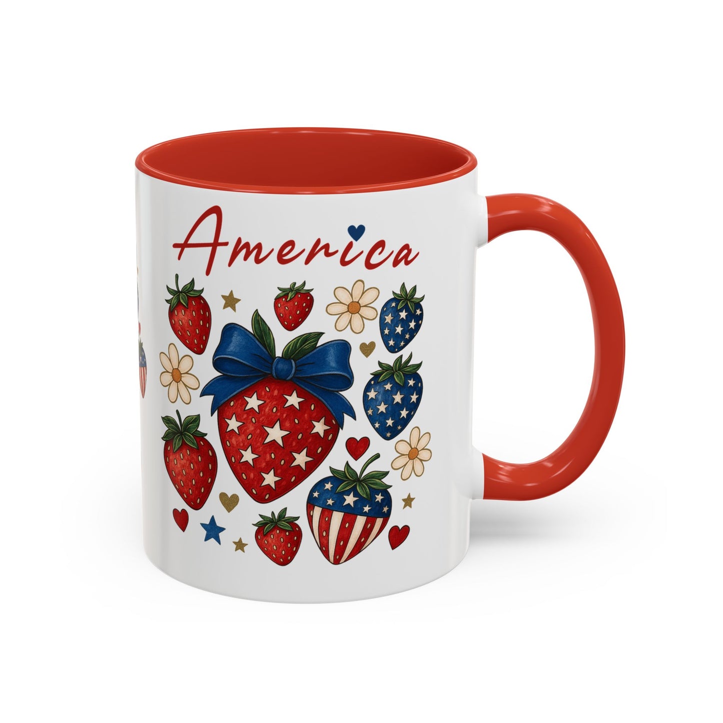 Patriotic Strawberry Coffee Mug, 4th of July Gift, Americana Mug, Summer Morning Coffee, Cute Tea Cup, Floral Design