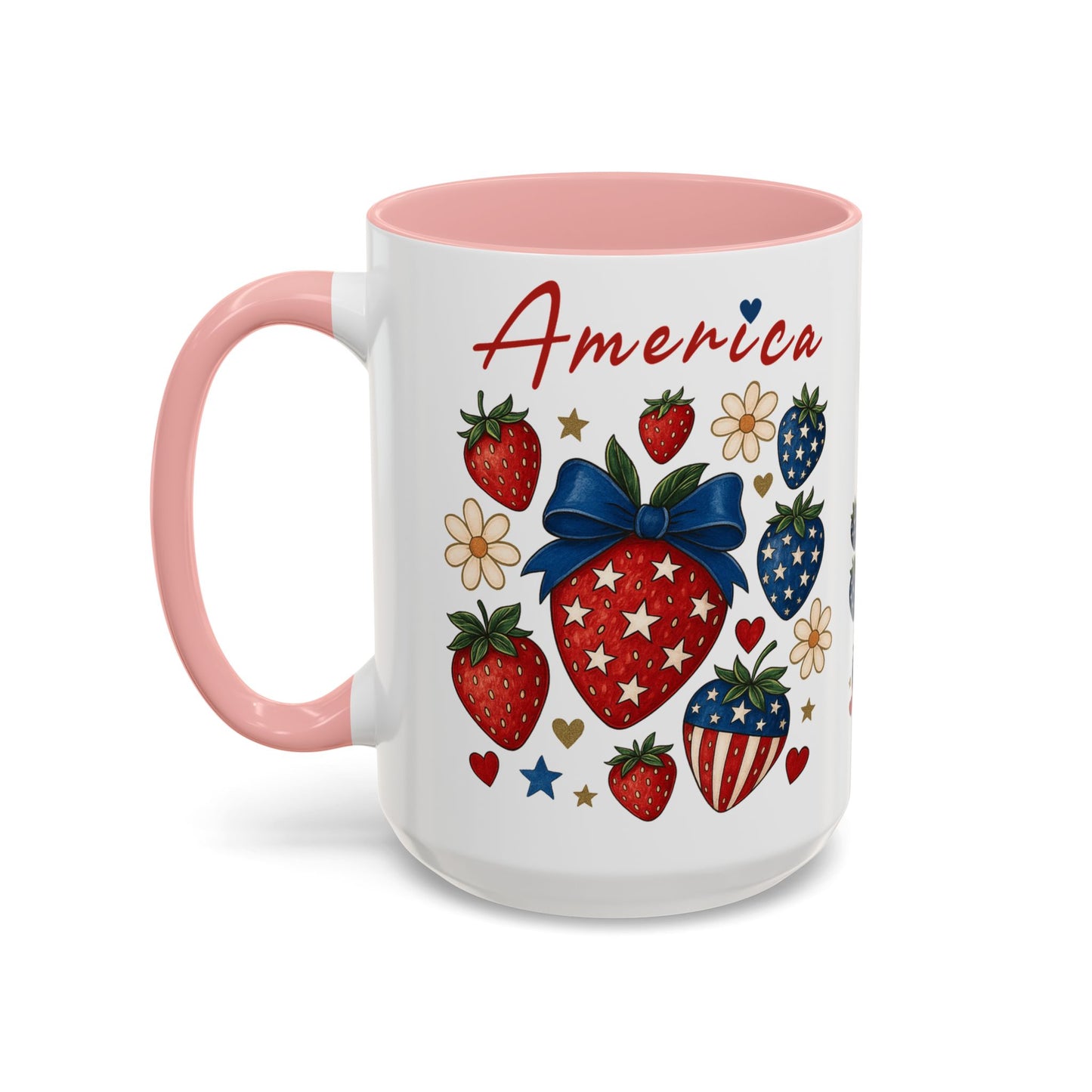 Patriotic Strawberry Coffee Mug, 4th of July Gift, Americana Mug, Summer Morning Coffee, Cute Tea Cup, Floral Design