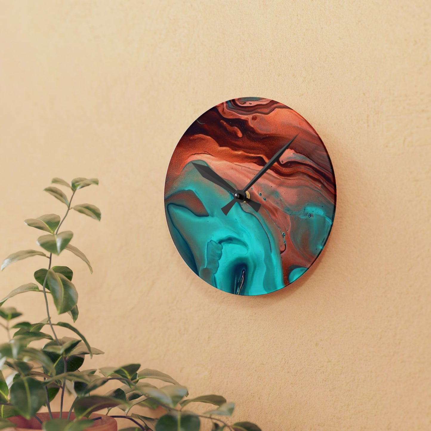 Southwestern Style, Abstract Acrylic Wall Clock, Turquoise and Copper colors, unique Original wall Clock, 10 inch