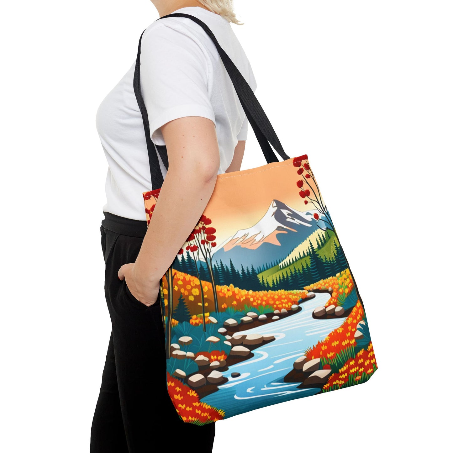 Nature Graphic Comic Style Tote Bag, Vacation Travel Shopping Shoulder Purse, Bright Colors Floral Mountain Road Beach Canvas Handbag