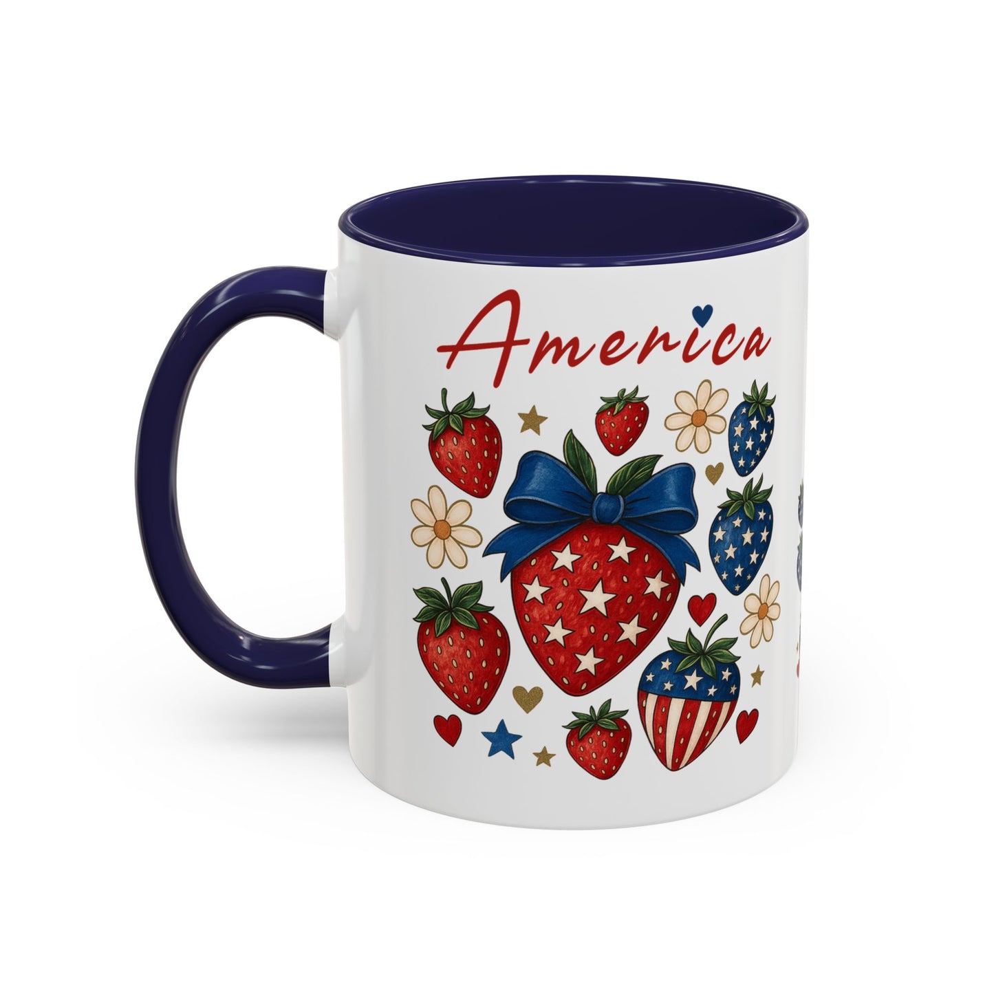 Patriotic Strawberry Coffee Mug, 4th of July Gift, Americana Mug, Summer Morning Coffee, Cute Tea Cup, Floral Design