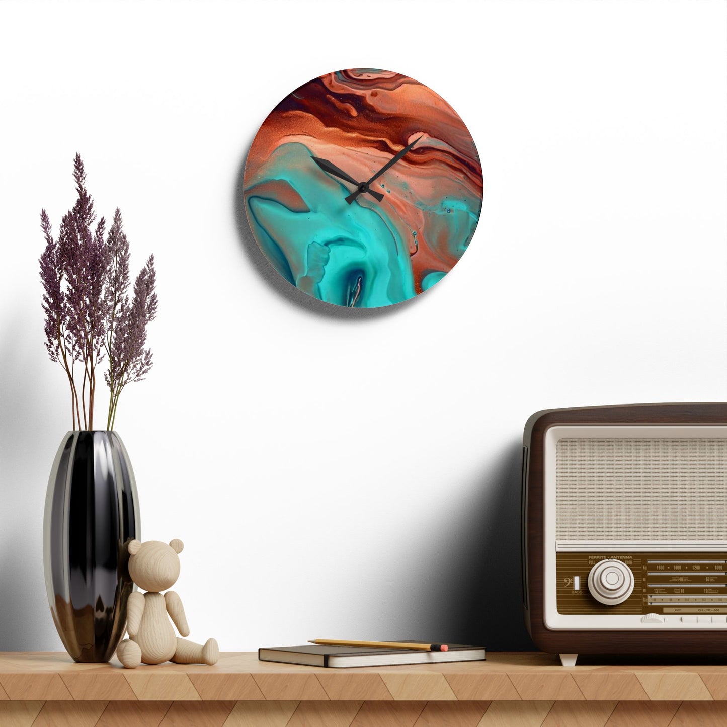 Southwestern Style, Abstract Acrylic Wall Clock, Turquoise and Copper colors, unique Original wall Clock, 10 inch