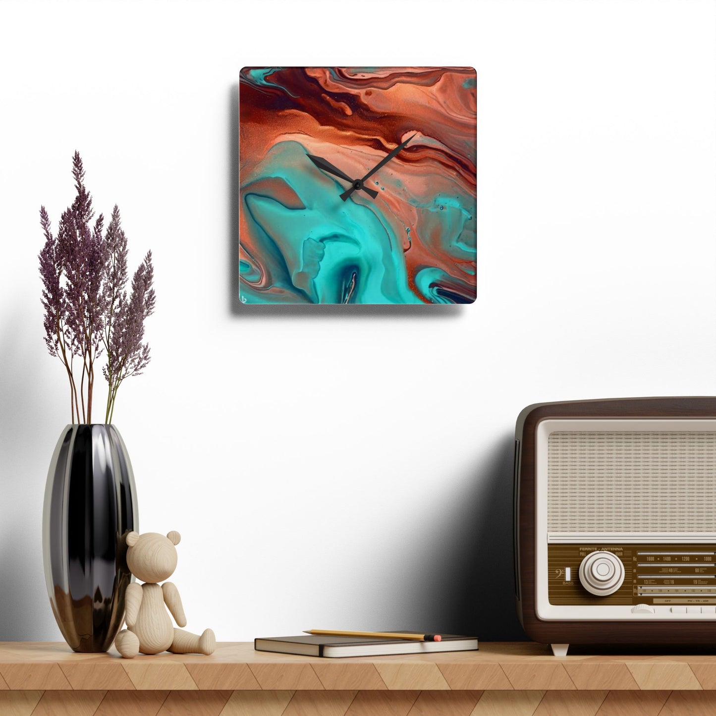 Southwestern Style, Abstract Acrylic Wall Clock, Turquoise and Copper colors, unique Original wall Clock, 10 inch