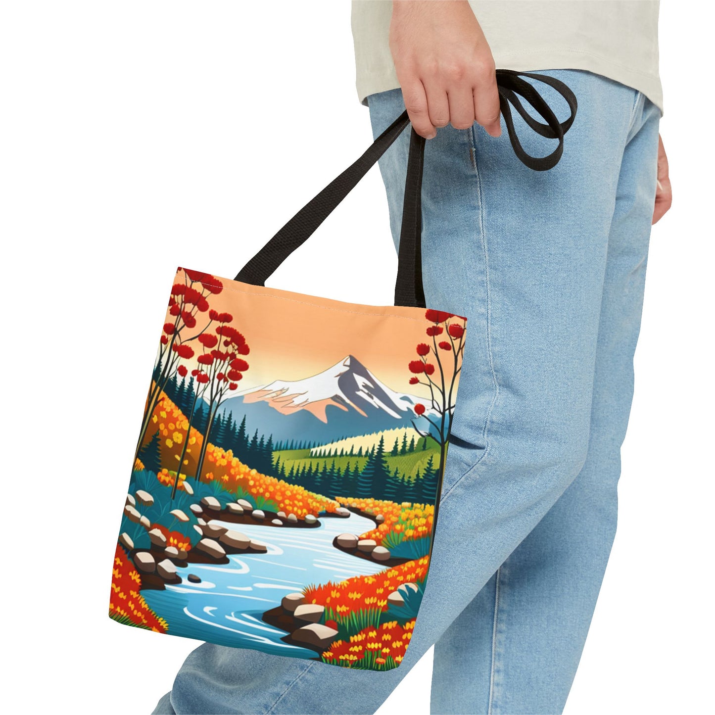 Nature Graphic Comic Style Tote Bag, Vacation Travel Shopping Shoulder Purse, Bright Colors Floral Mountain Road Beach Canvas Handbag