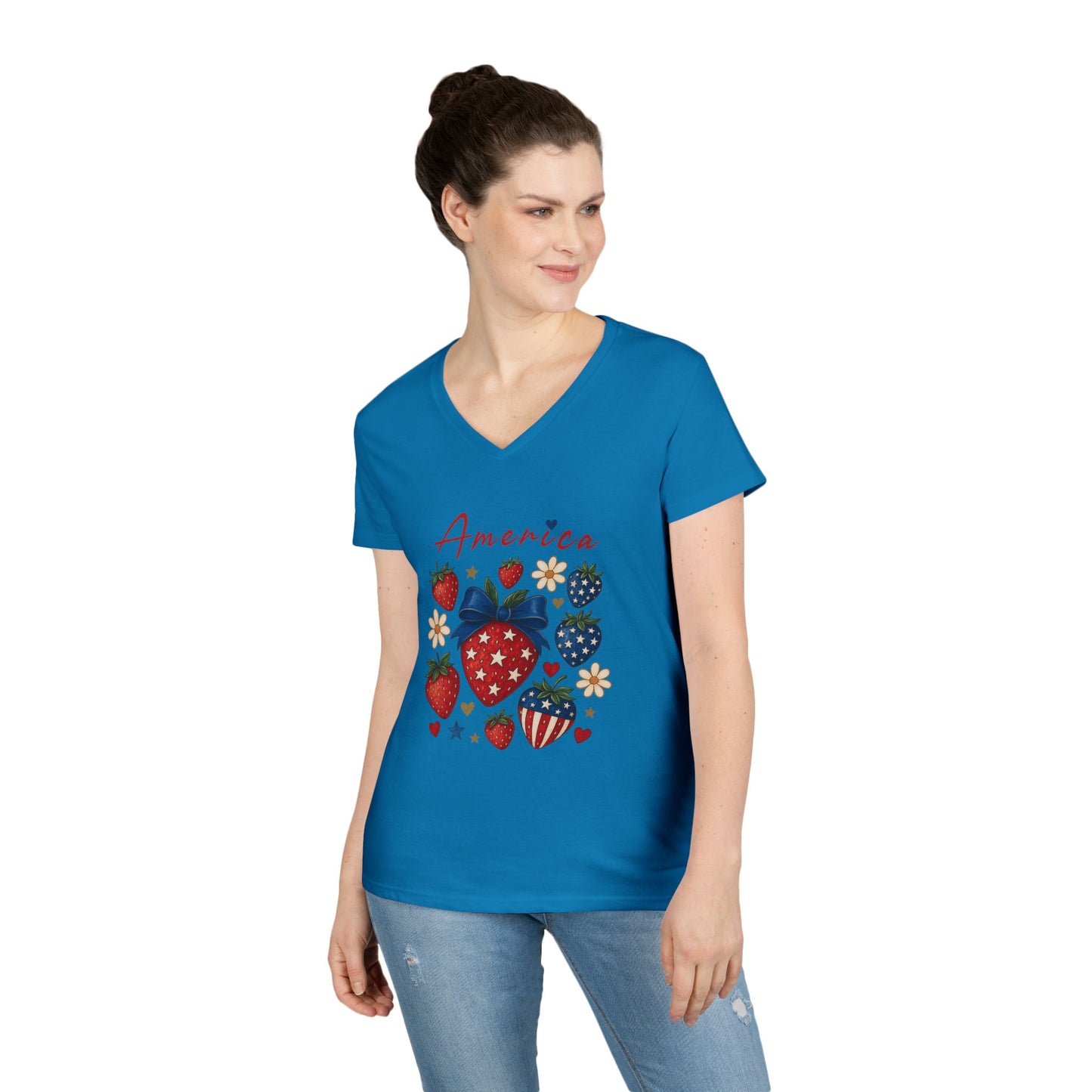 America Festival V-Neck Tee, Patriotic Strawberries Stars Stripes Cute Cheerful, Summer Fun Shirt, Ladies Patriotic T-Shirt, 4th of July Top