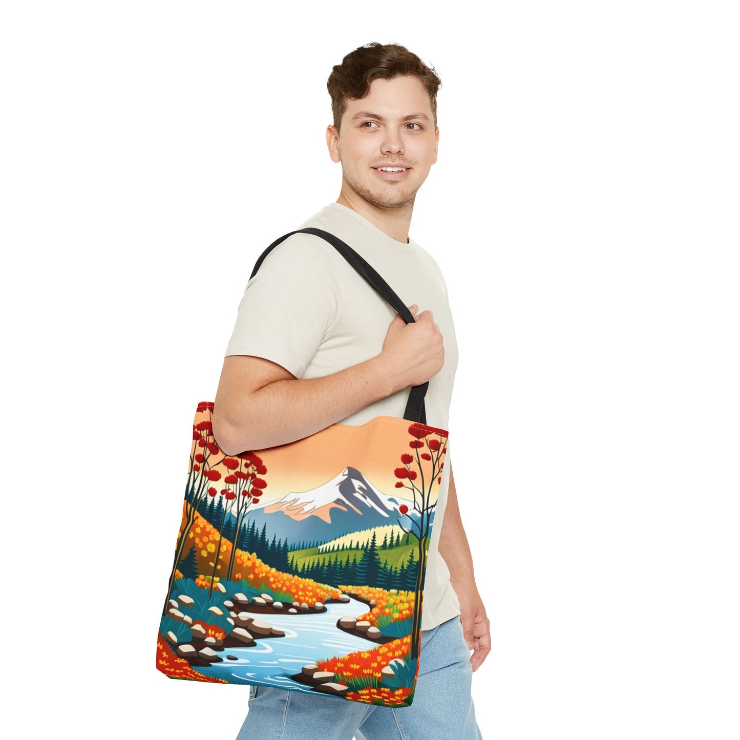 Nature Graphic Comic Style Tote Bag, Vacation Travel Shopping Shoulder Purse, Bright Colors Floral Mountain Road Beach Canvas Handbag