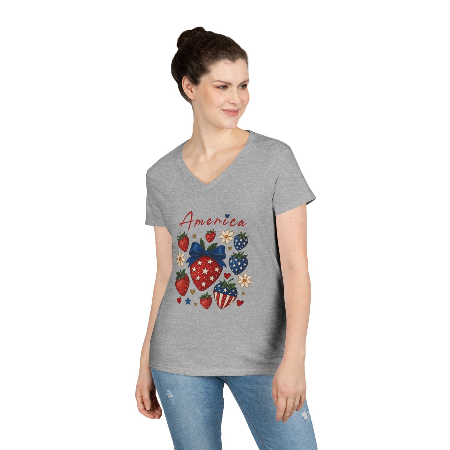 America Festival V-Neck Tee, Patriotic Strawberries Stars Stripes Cute Cheerful, Summer Fun Shirt, Ladies Patriotic T-Shirt, 4th of July Top
