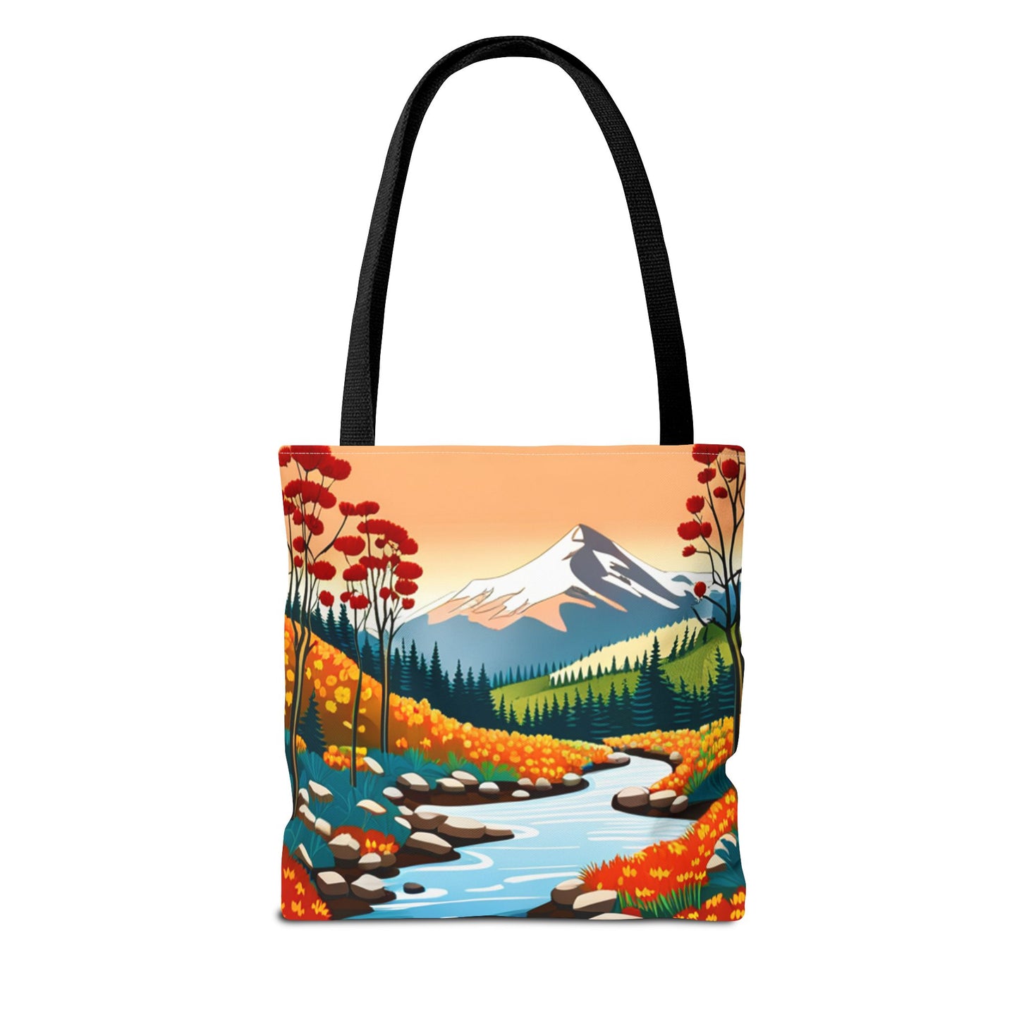 Nature Graphic Comic Style Tote Bag, Vacation Travel Shopping Shoulder Purse, Bright Colors Floral Mountain Road Beach Canvas Handbag