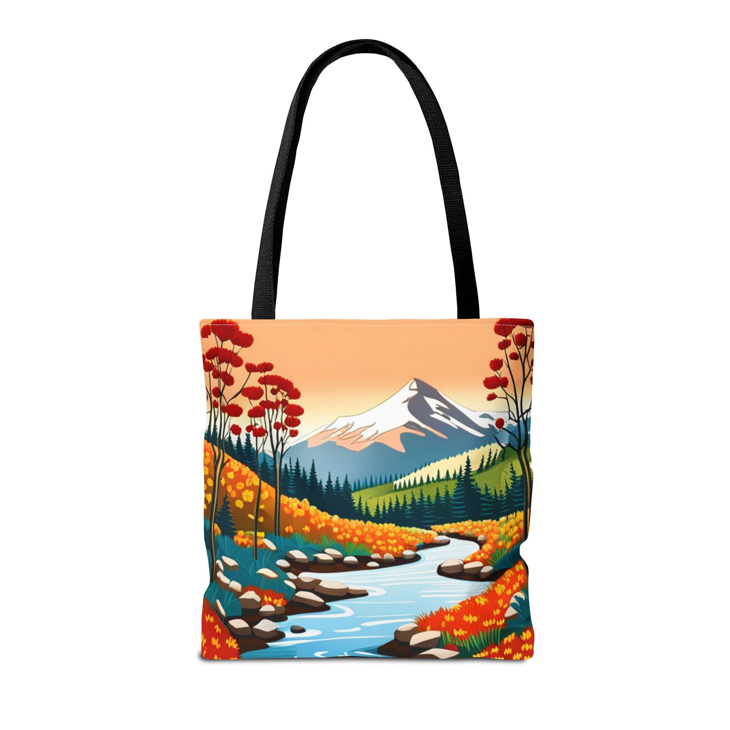 Nature Graphic Comic Style Tote Bag, Vacation Travel Shopping Shoulder Purse, Bright Colors Floral Mountain Road Beach Canvas Handbag