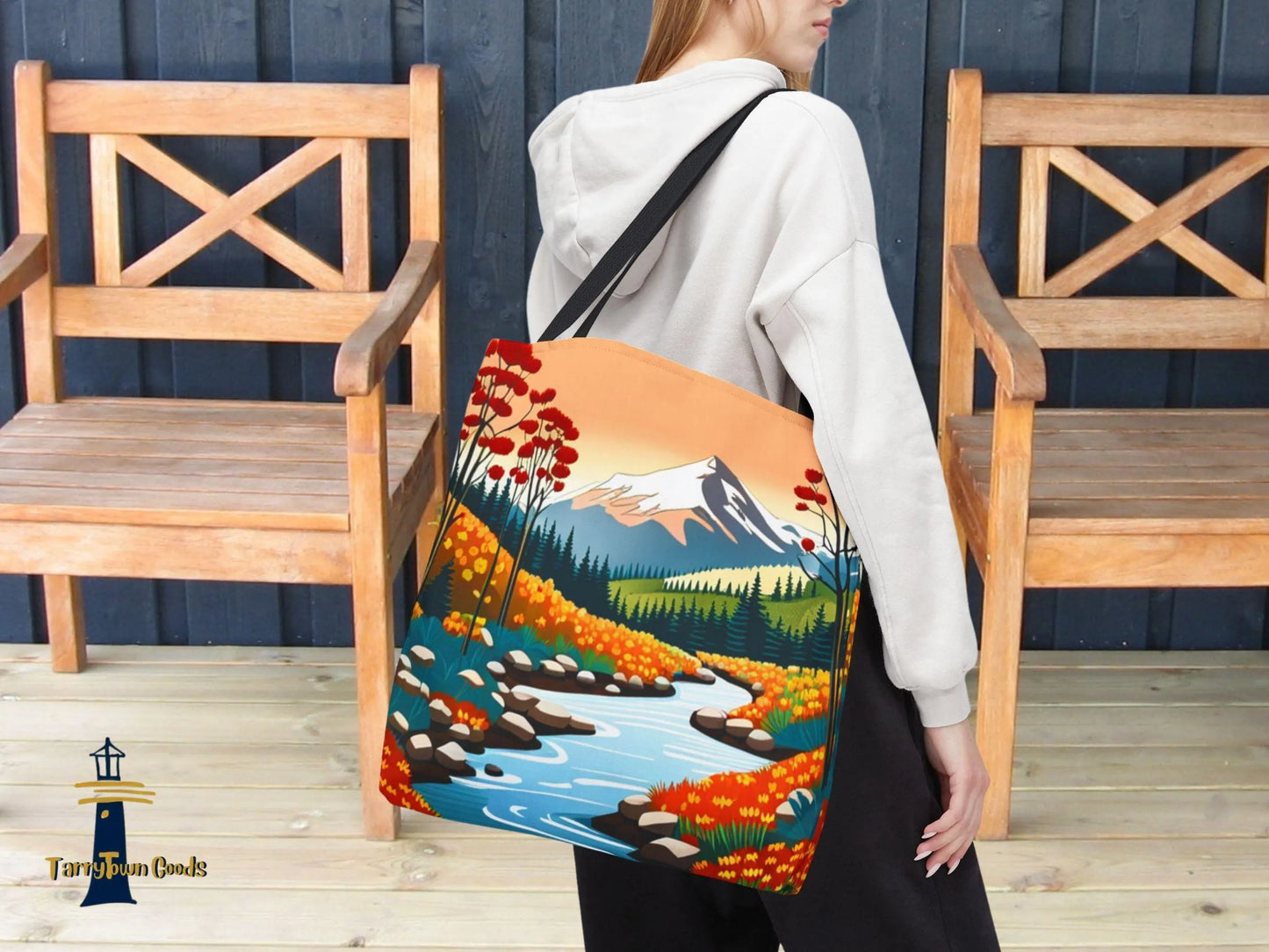Nature Graphic Comic Style Tote Bag, Vacation Travel Shopping Shoulder Purse, Bright Colors Floral Mountain Road Beach Canvas Handbag