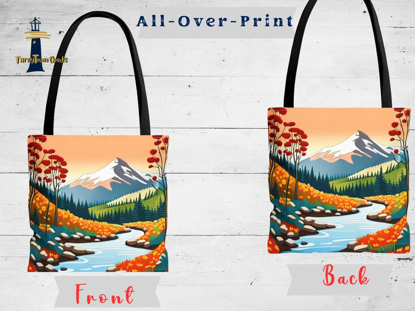 Nature Graphic Comic Style Tote Bag, Vacation Travel Shopping Shoulder Purse, Bright Colors Floral Mountain Road Beach Canvas Handbag
