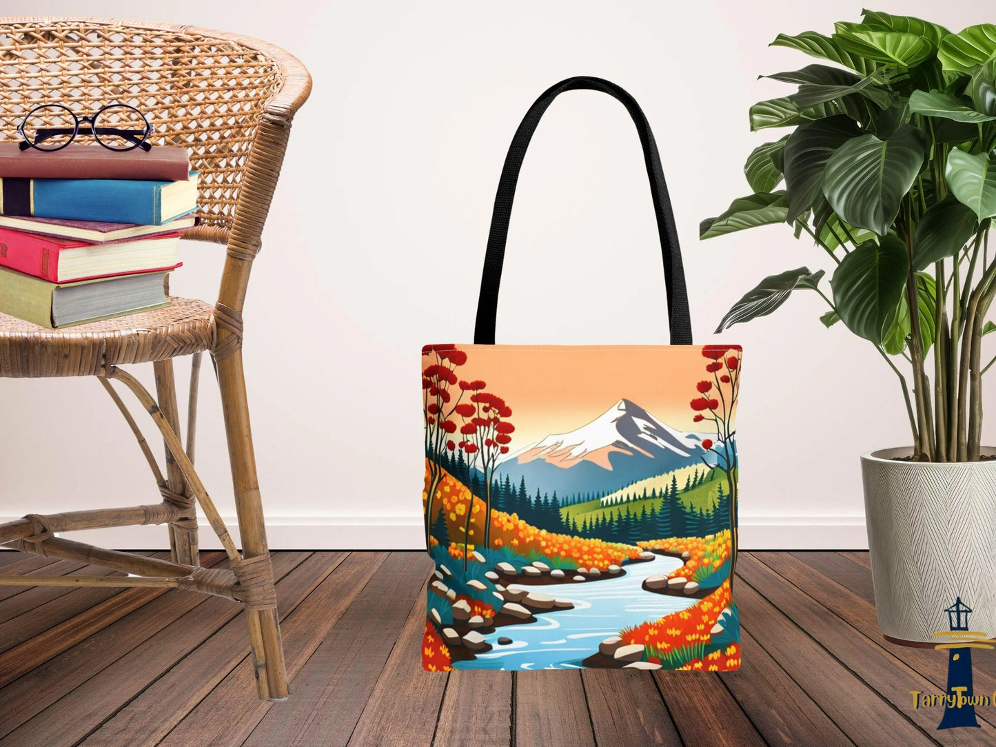 Nature Graphic Comic Style Tote Bag, Vacation Travel Shopping Shoulder Purse, Bright Colors Floral Mountain Road Beach Canvas Handbag