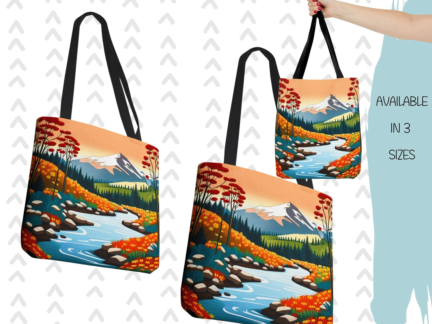 Nature Graphic Comic Style Tote Bag, Vacation Travel Shopping Shoulder Purse, Bright Colors Floral Mountain Road Beach Canvas Handbag