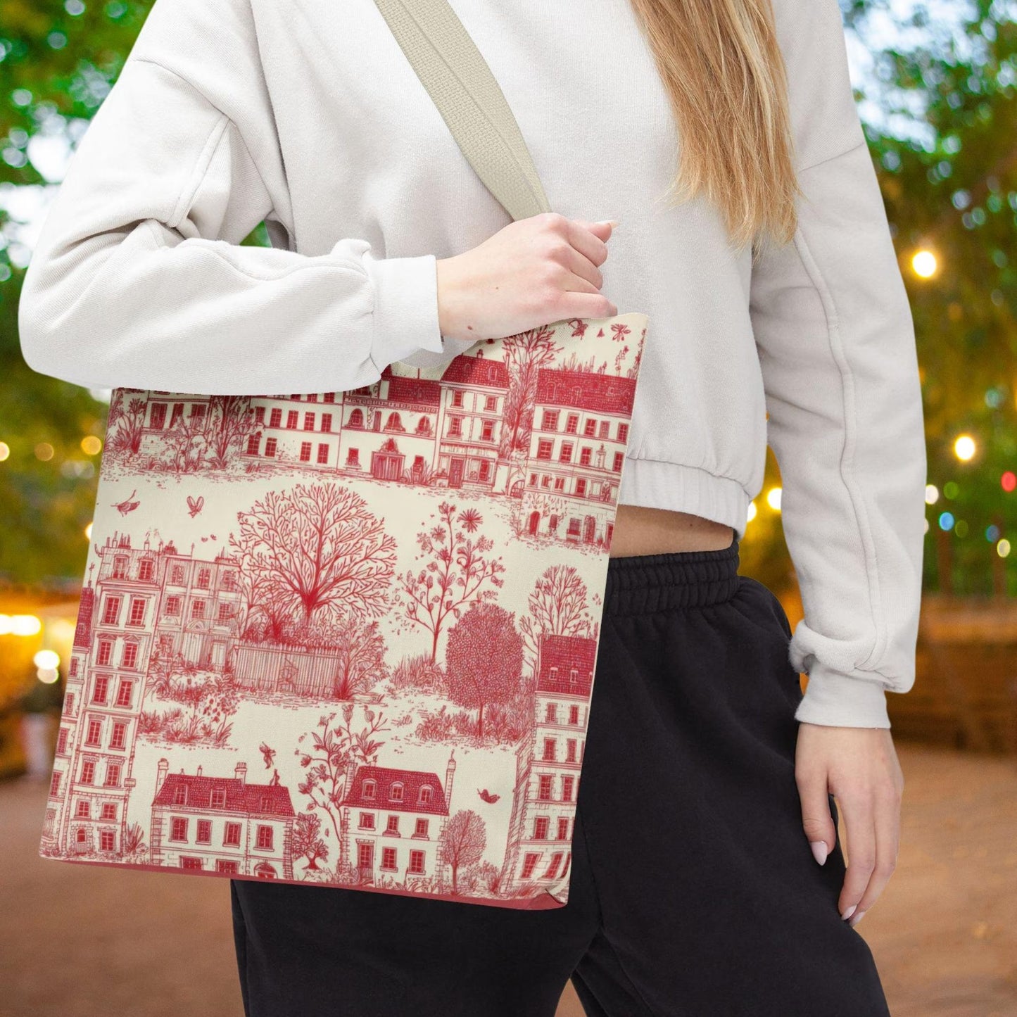 Vintage Red Toile Tote Bag, Chinoiserie Stylish Carry-All for Shopping,Christmas Birthday Fall Winter Gift, Friend Mom,Travel Tote Book Bag