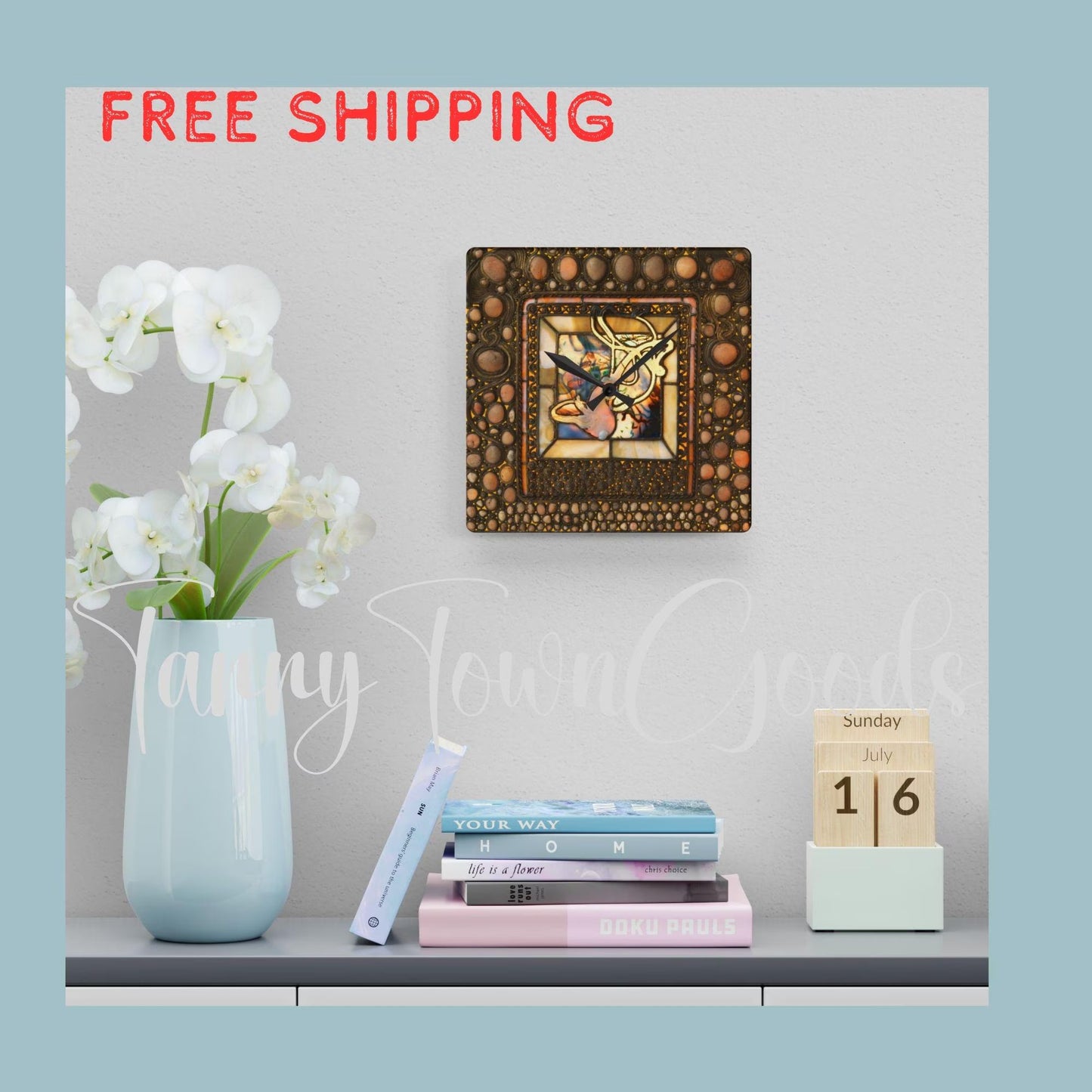 Tiffany Window Acrylic Clock, Wall Art, Home Decor, Unique Gift, Office Decor, Replica