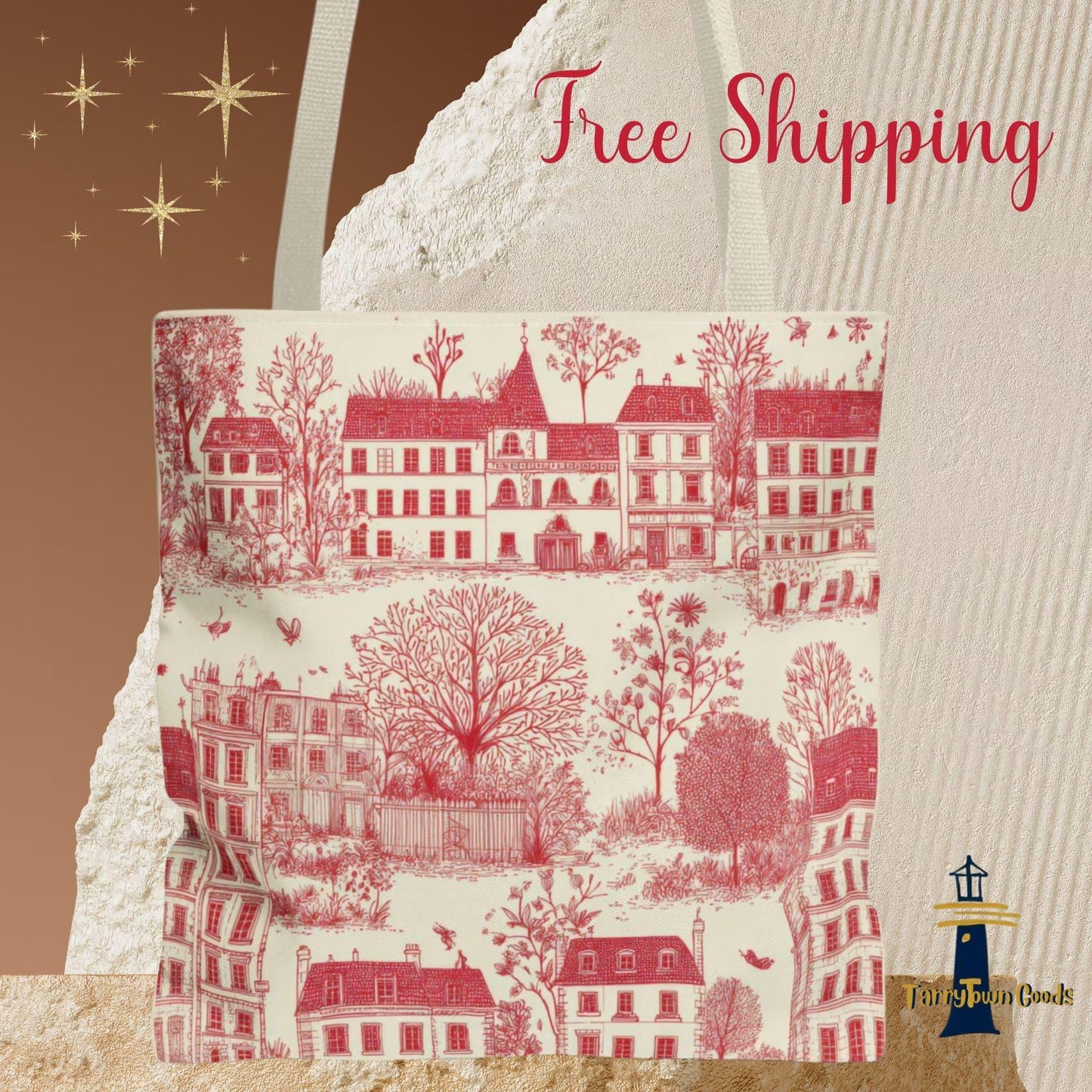 Vintage Red Toile Tote Bag, Chinoiserie Stylish Carry-All for Shopping,Christmas Birthday Fall Winter Gift, Friend Mom,Travel Tote Book Bag