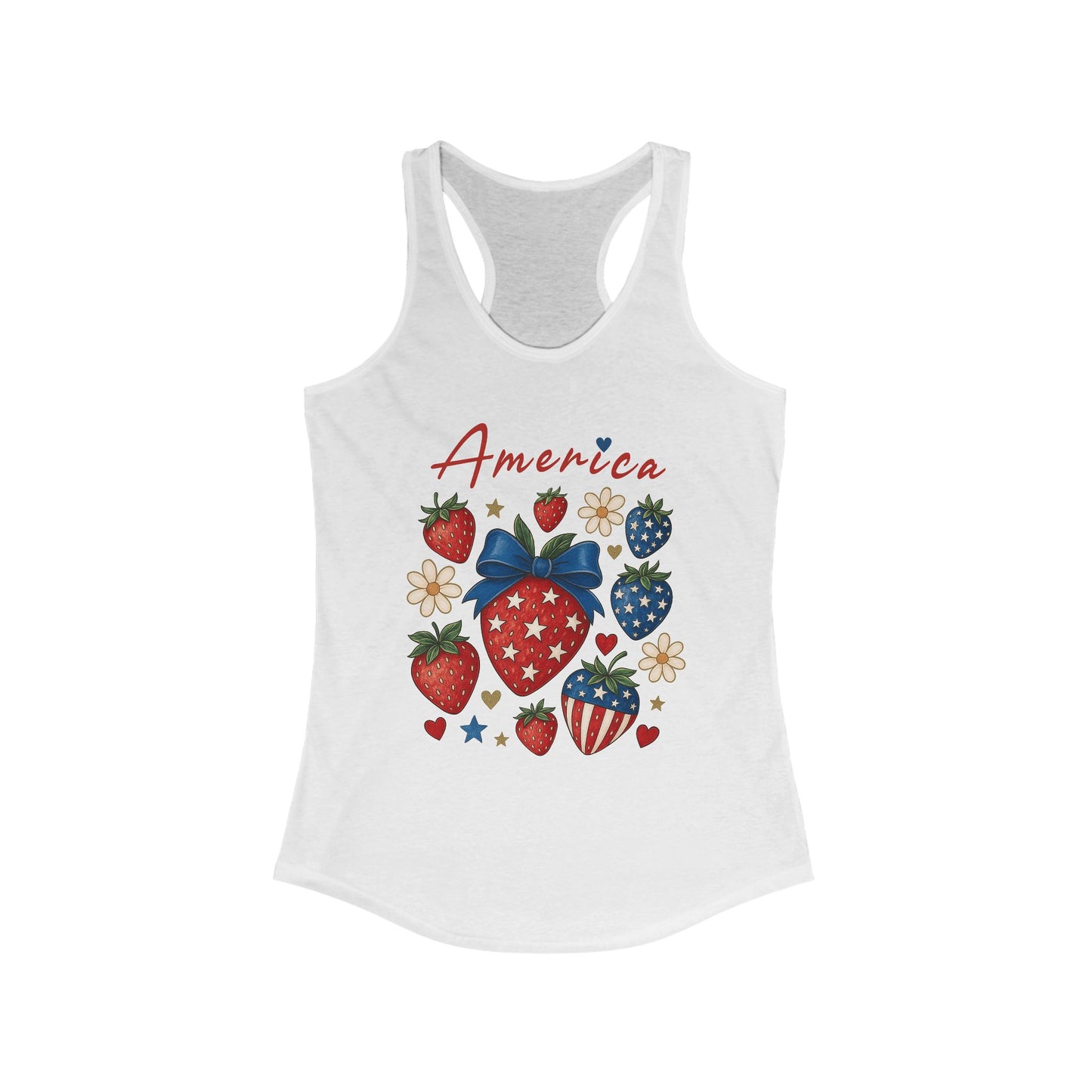Americana Strawberry Tank Top, Women's Summer Shirt, Patriotic Celebration Apparel, 4th of July Gift, Casual Weekend Wear