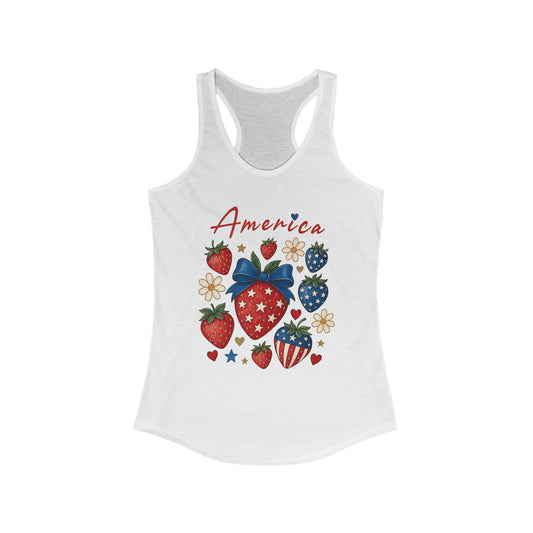 Americana Strawberry Tank Top, Women's Summer Shirt, Patriotic Celebration Apparel, 4th of July Gift, Casual Weekend Wear