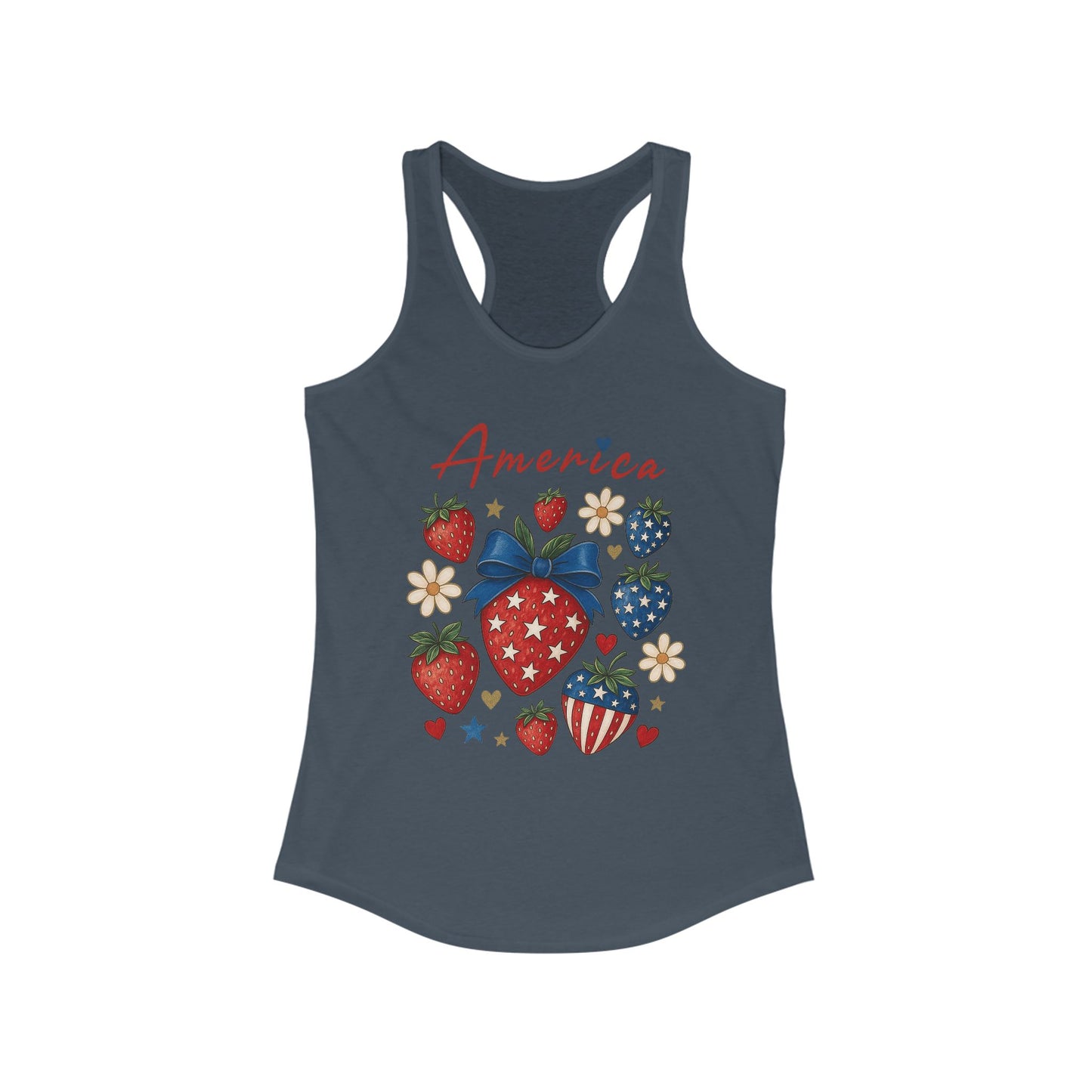 Americana Strawberry Tank Top, Women's Summer Shirt, Patriotic Celebration Apparel, 4th of July Gift, Casual Weekend Wear