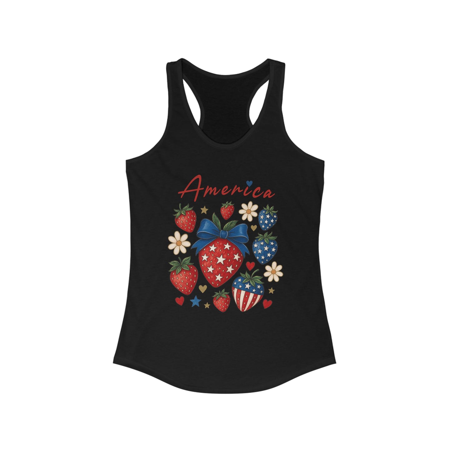 Americana Strawberry Tank Top, Women's Summer Shirt, Patriotic Celebration Apparel, 4th of July Gift, Casual Weekend Wear