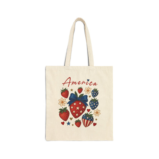 America Strawberry Tote Bag, Eco-Friendly Shopping Bag, Cute Summer Beach Bag, Gift for Fruit Lovers, Patriotic Tote