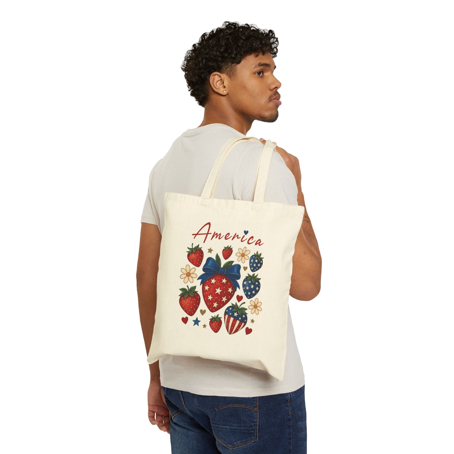 America Strawberry Tote Bag, Eco-Friendly Shopping Bag, Cute Summer Beach Bag, Gift for Fruit Lovers, Patriotic Tote