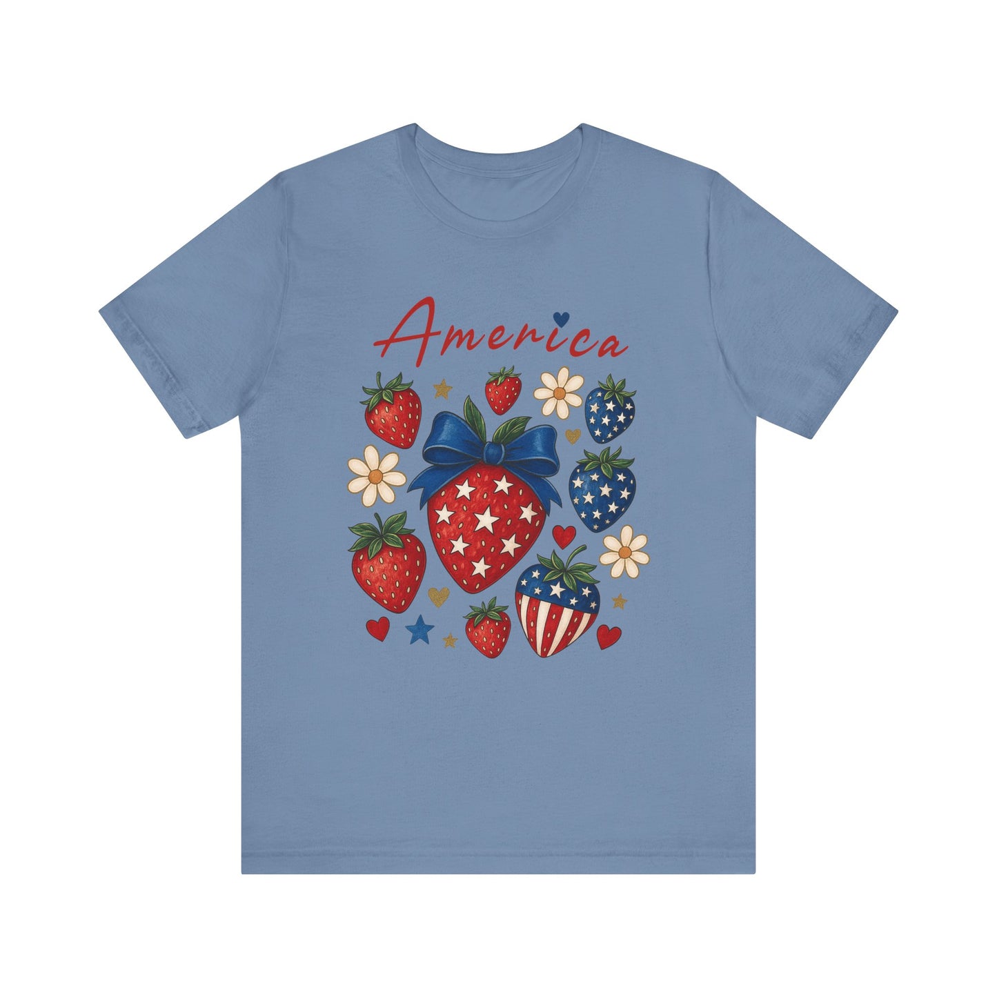 Patriotic Strawberry Tee - Celebrate America with Style, Unisex T-Shirt for Fourth of July, Summer BBQ, Casual Wear, Gifts