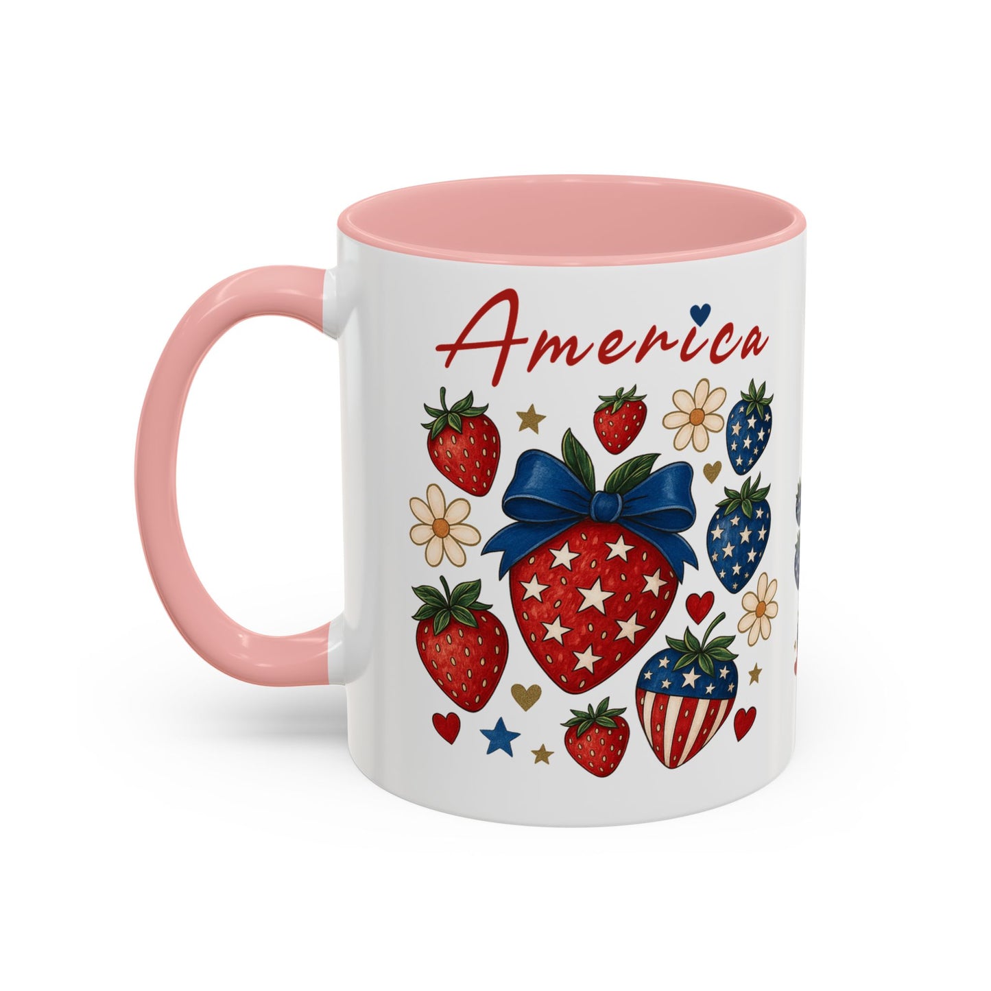 Patriotic Strawberry Coffee Mug, 4th of July Gift, Americana Mug, Summer Morning Coffee, Cute Tea Cup, Floral Design