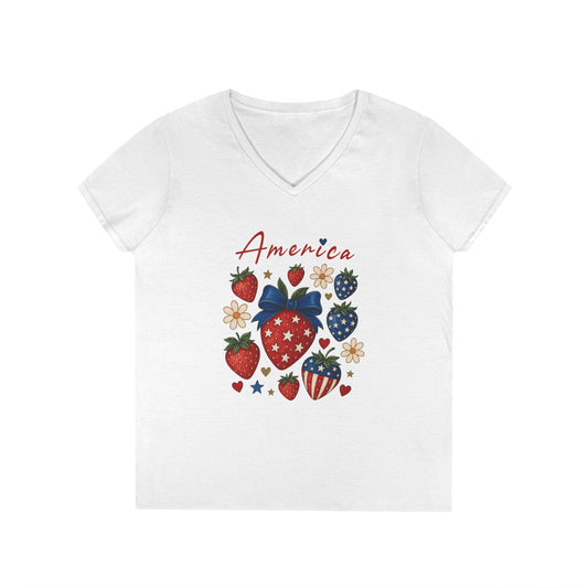 America Festival V-Neck Tee, Patriotic Strawberries Stars Stripes Cute Cheerful, Summer Fun Shirt, Ladies Patriotic T-Shirt, 4th of July Top