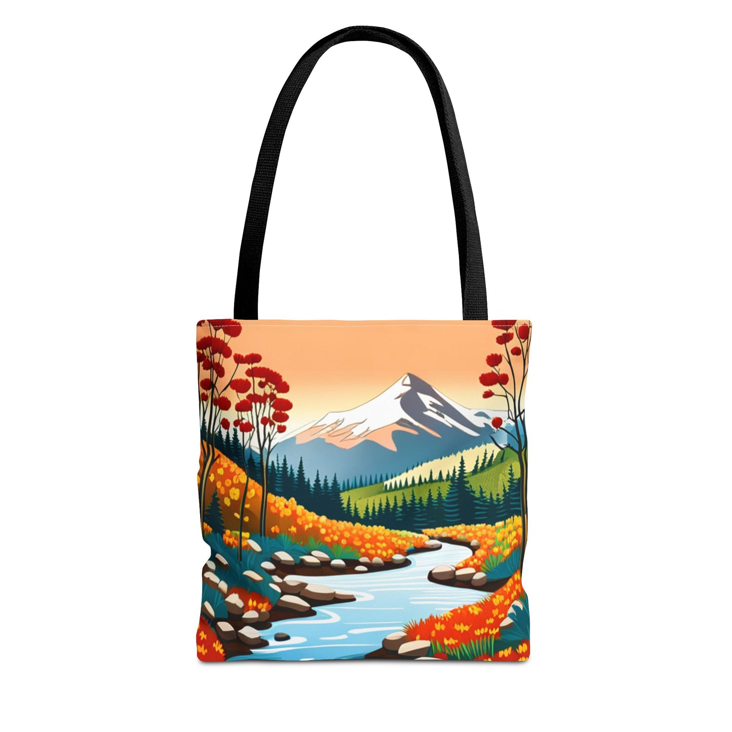 Nature Graphic Comic Style Tote Bag, Vacation Travel Shopping Shoulder Purse, Bright Colors Floral Mountain Road Beach Canvas Handbag
