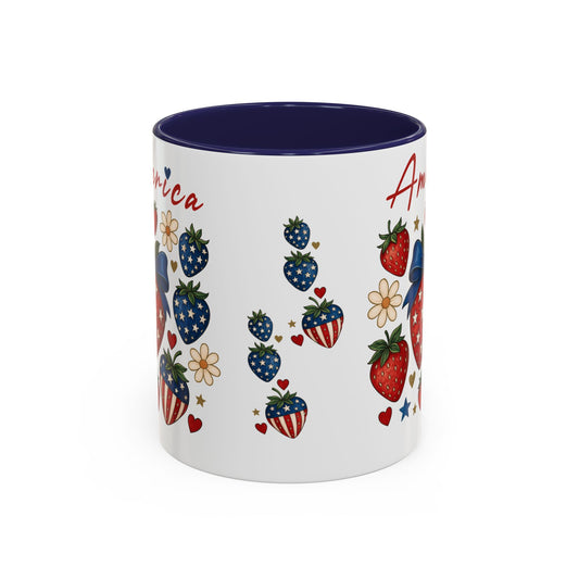 Patriotic Strawberry Coffee Mug, 4th of July Gift, Americana Mug, Summer Morning Coffee, Cute Tea Cup, Floral Design